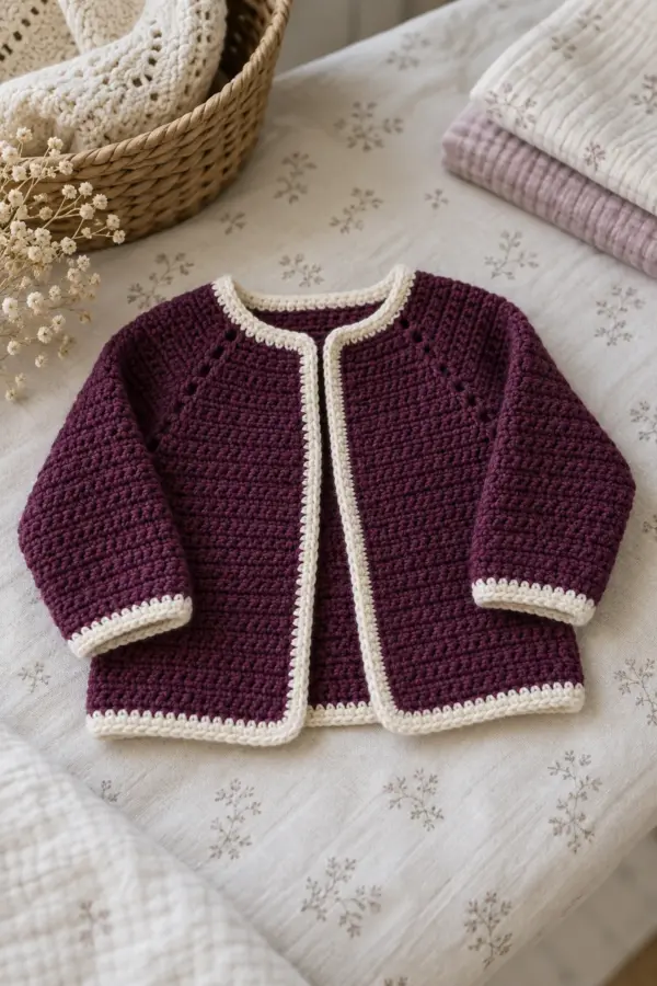 Finished deep-plum open-front crochet baby jacket with cream edge, raglan lines, and matching sleeves without buttons