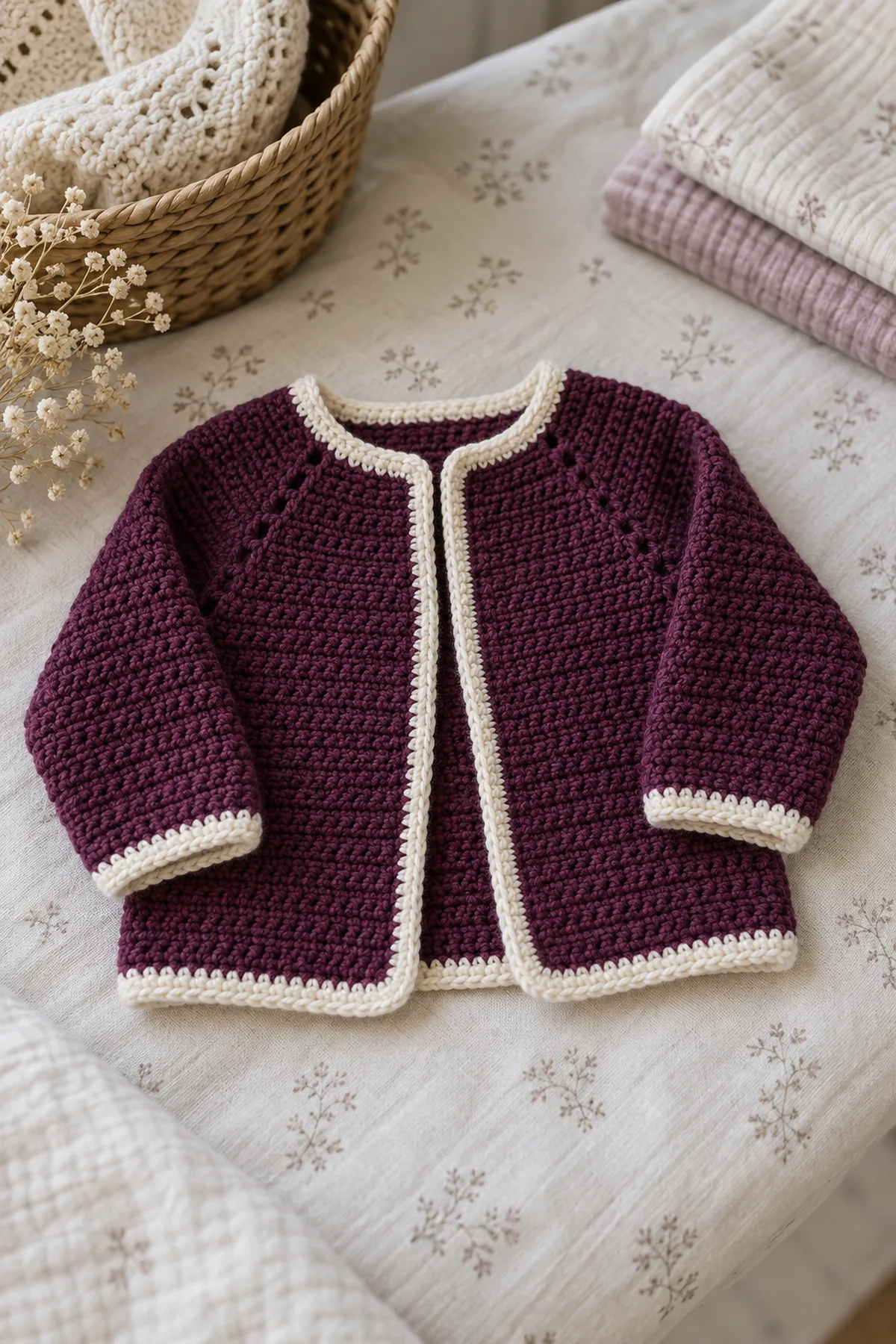 Finished deep-plum open-front crochet baby jacket with cream edge, raglan lines, and matching sleeves without buttons