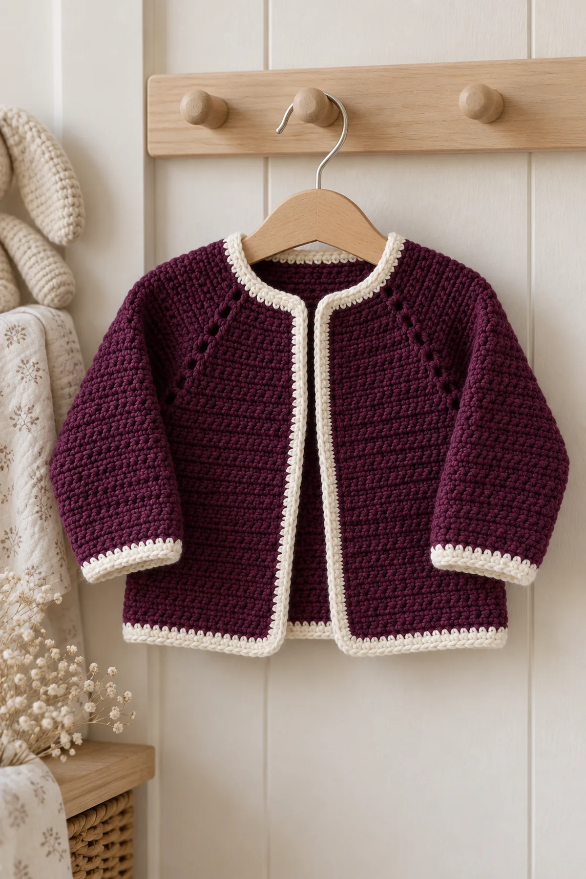 Finished plum and cream crochet baby jacket hung on a plain nursery peg without a baby