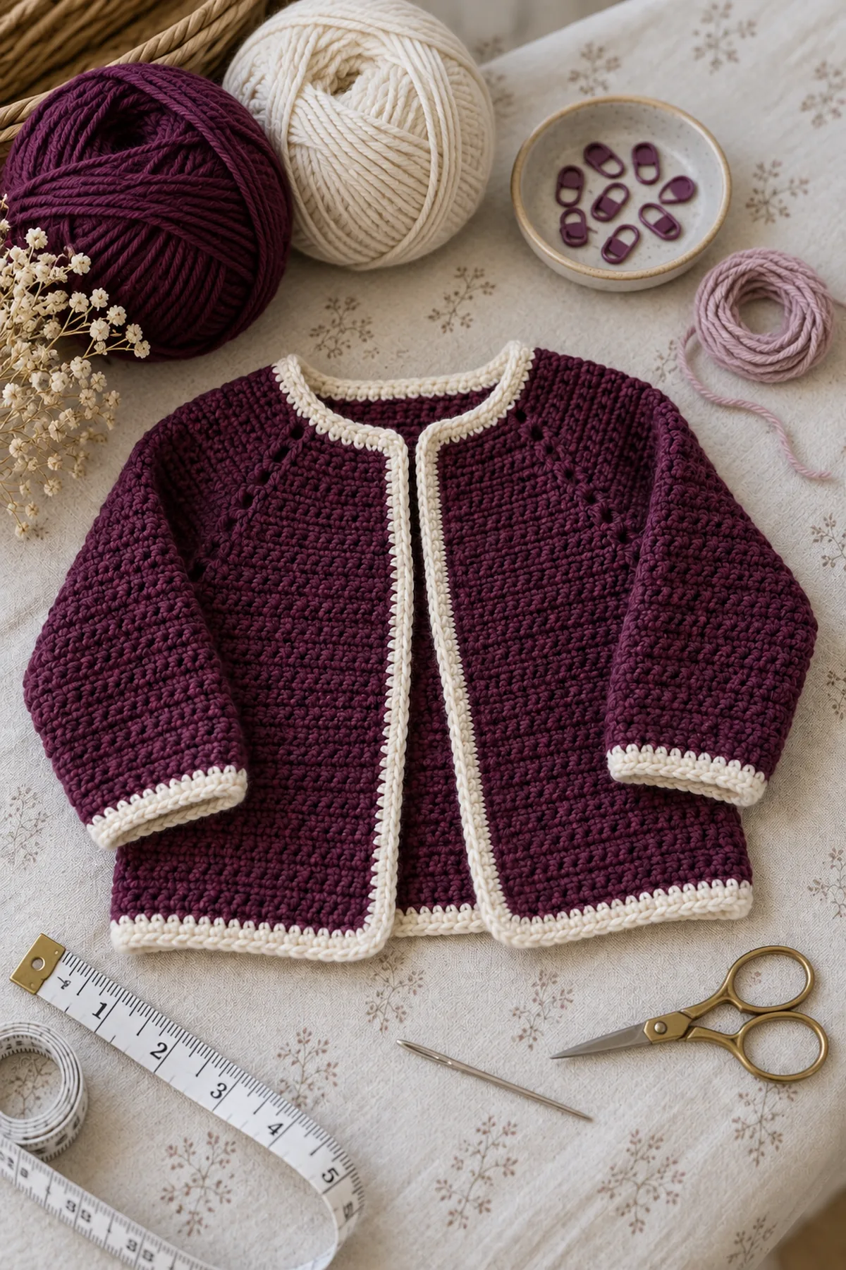 Deep-plum and cream DK yarn, 4 mm hook, eight markers, waste yarn, tape measure, needle, and scissors