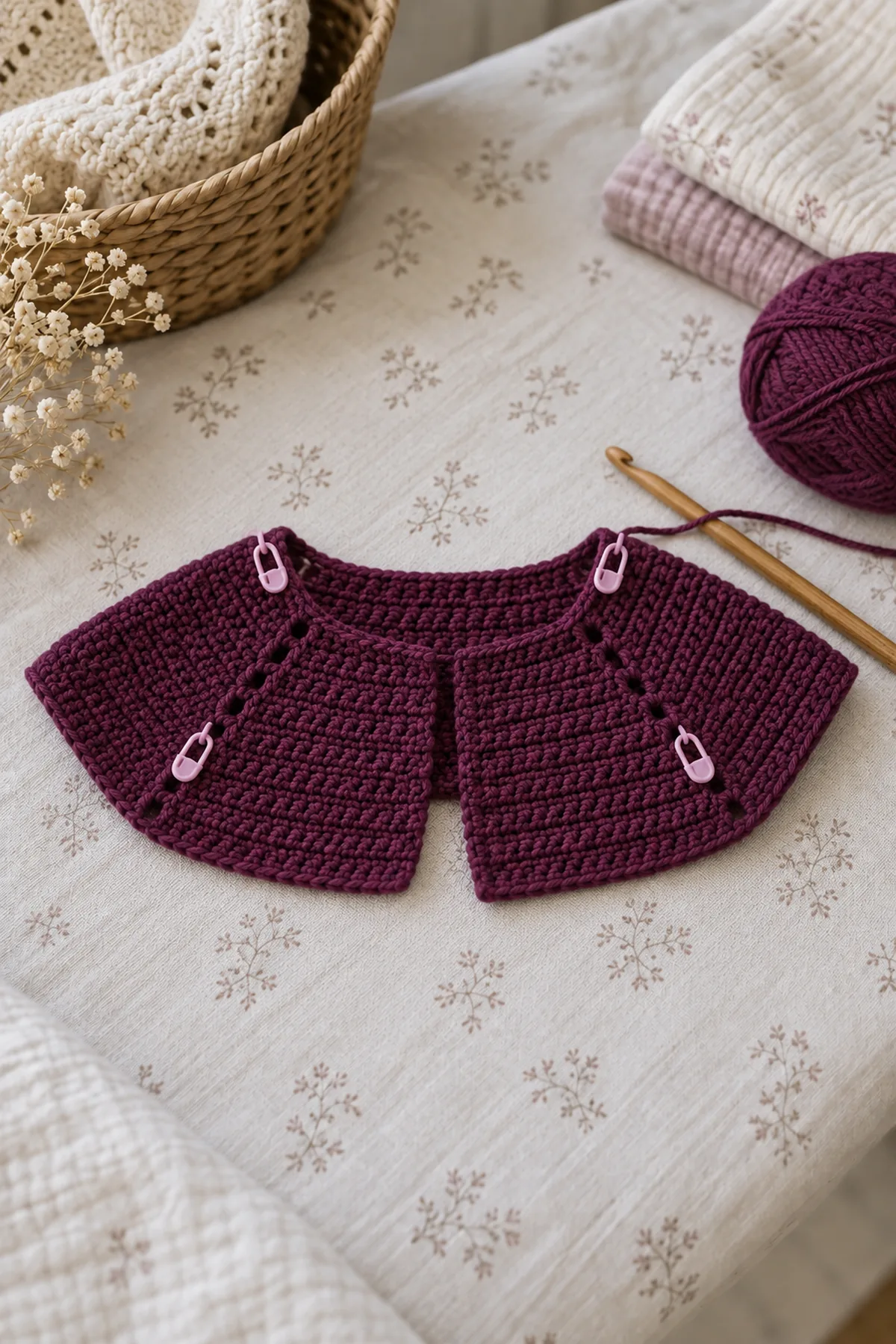 Shallow deep-plum crochet jacket yoke with four marked raglan increase points