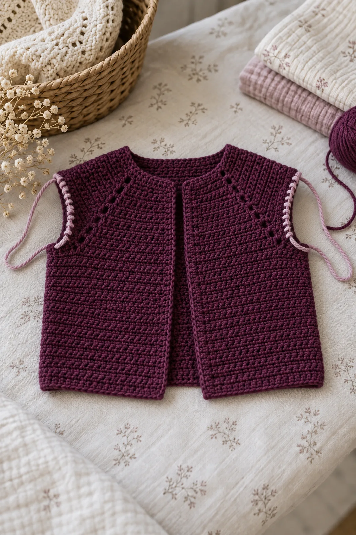 Deep-plum jacket body after sleeve separation with sleeve stitches held on waste yarn