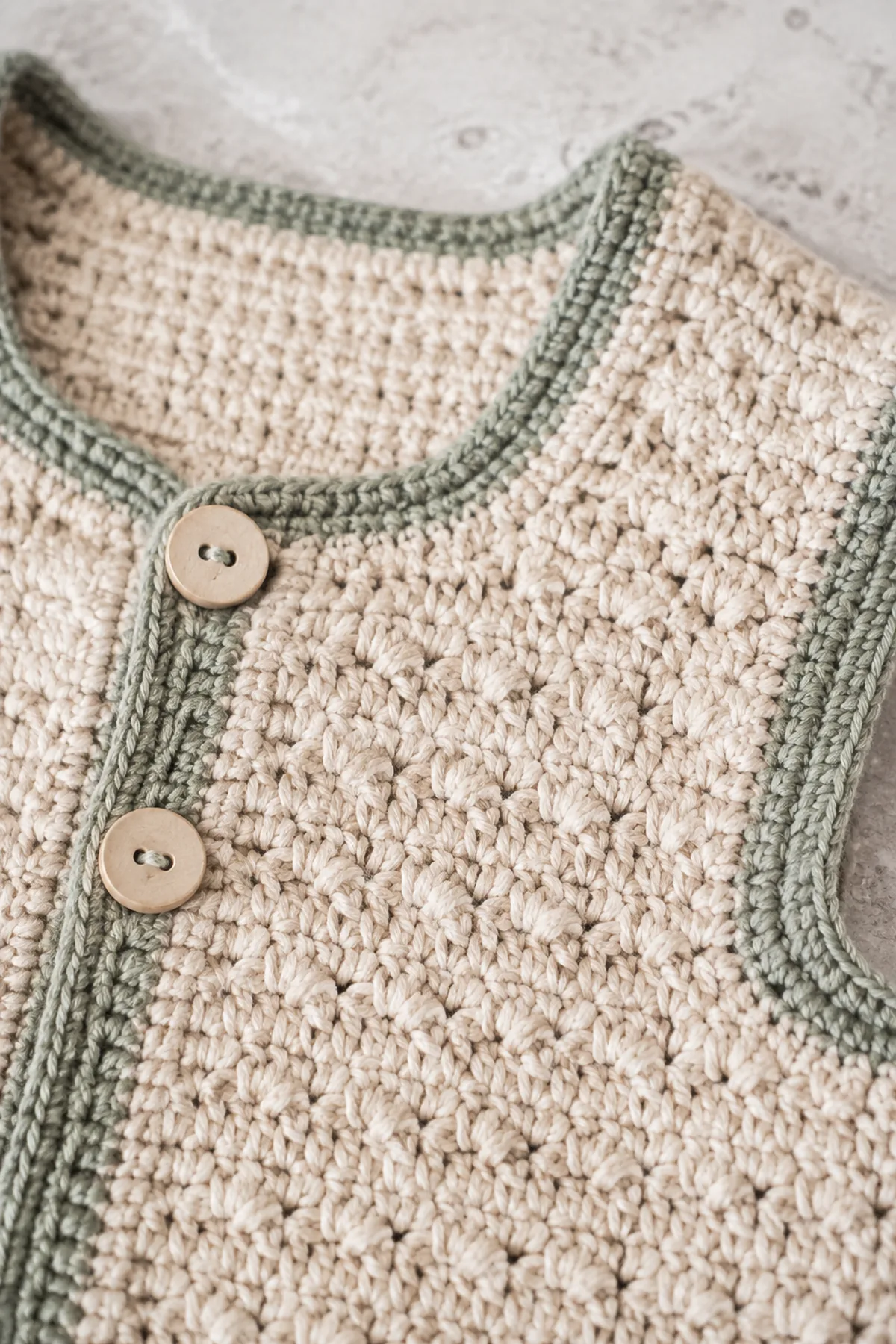 Close-up of the stitch texture and securely finished details on crochet pocket vest and booties set
