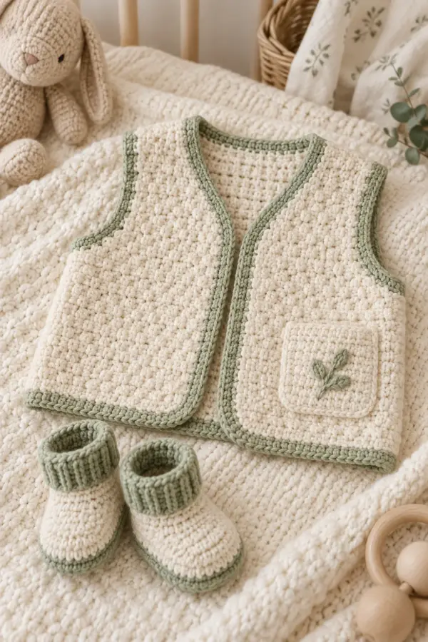 Finished crochet pocket vest and booties set in soft cream and sage yarn on a neutral nursery surface