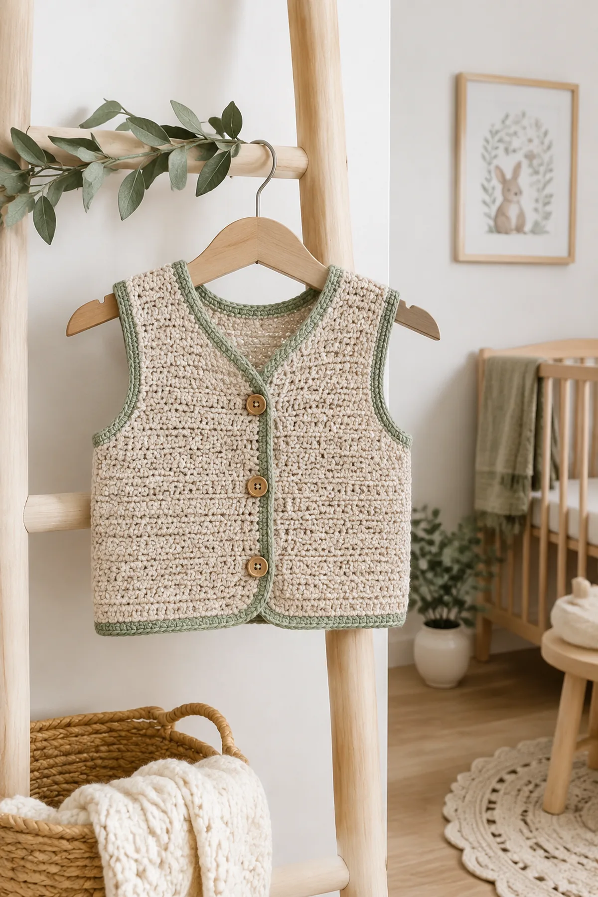 Finished crochet pocket vest and booties set styled in a calm bright nursery setting without a baby present