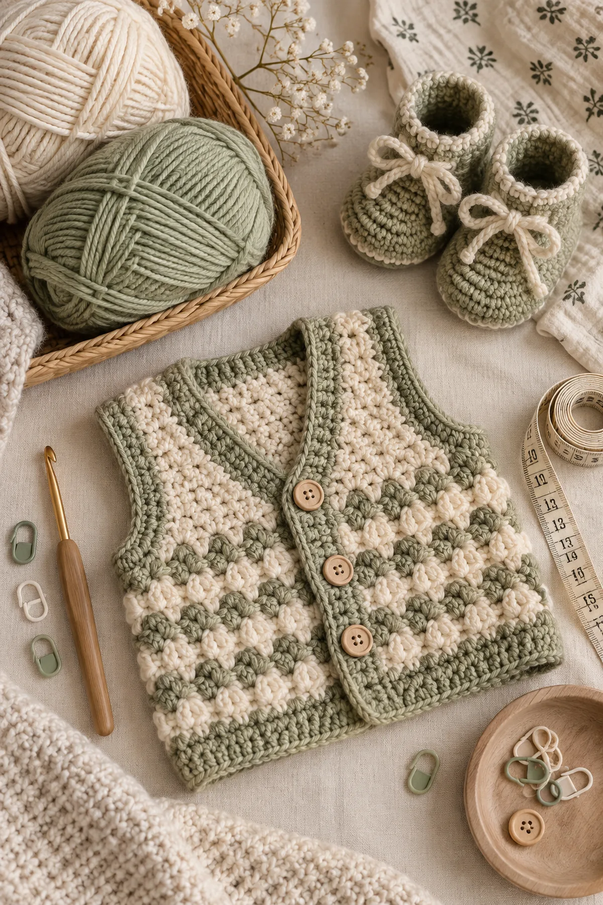 Baby-friendly yarn, crochet hook, stitch markers, tape measure, yarn needle, and scissors for crochet pocket vest and booties set