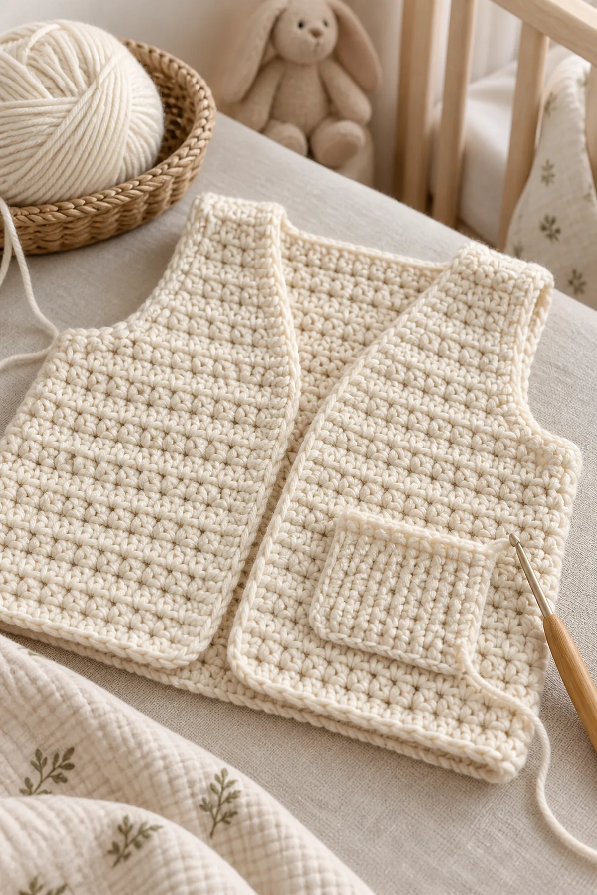 Early counted crochet stage of crochet pocket vest and booties set with matching yarn and hook