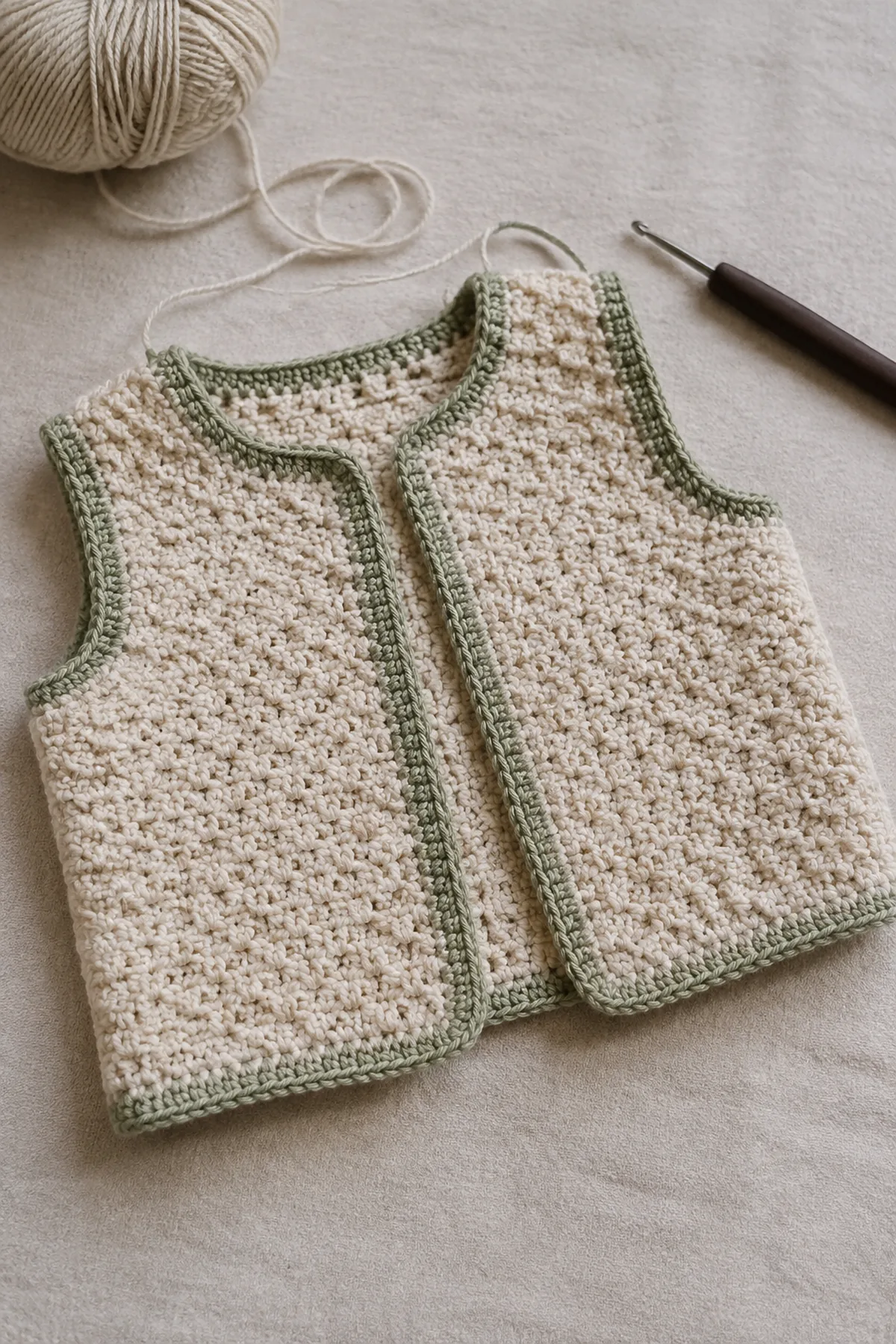 Mid-process construction of crochet pocket vest and booties set showing the established shape