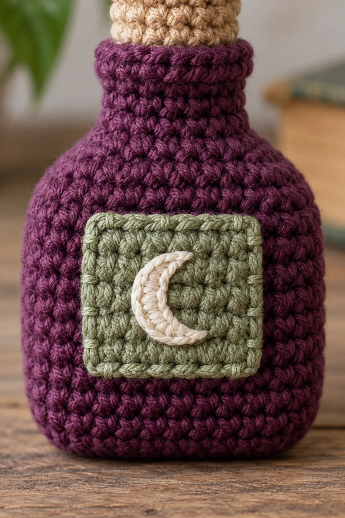 Close-up of a flat sage crochet label permanently whipstitched on a plum crochet bottle front, small cream crescent moon embroidery centered on label, visible clean attachment stitches on all four edges, no letters or symbols other than crescent