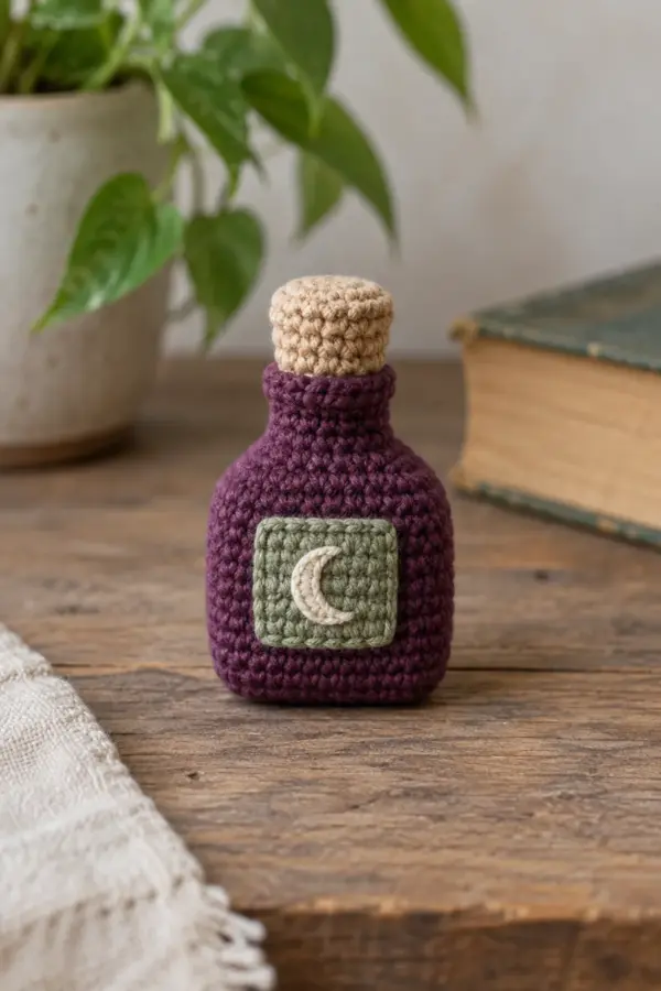 One small upright plum cotton crochet potion-bottle amigurumi, rounded-square squat body with subtly defined four bottom corners, tapered shoulders and narrow neck, short tan crochet cork-shaped cap permanently sewn onto neck, flat sage rectangular label sewn on front with small cream crescent moon embroidery, no words, no face, no beads, no glass or liquid