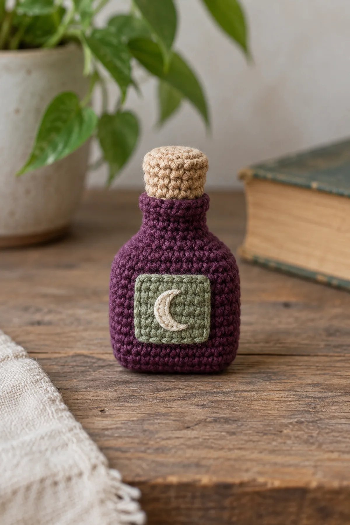 One small upright plum cotton crochet potion-bottle amigurumi, rounded-square squat body with subtly defined four bottom corners, tapered shoulders and narrow neck, short tan crochet cork-shaped cap permanently sewn onto neck, flat sage rectangular label sewn on front with small cream crescent moon embroidery, no words, no face, no beads, no glass or liquid