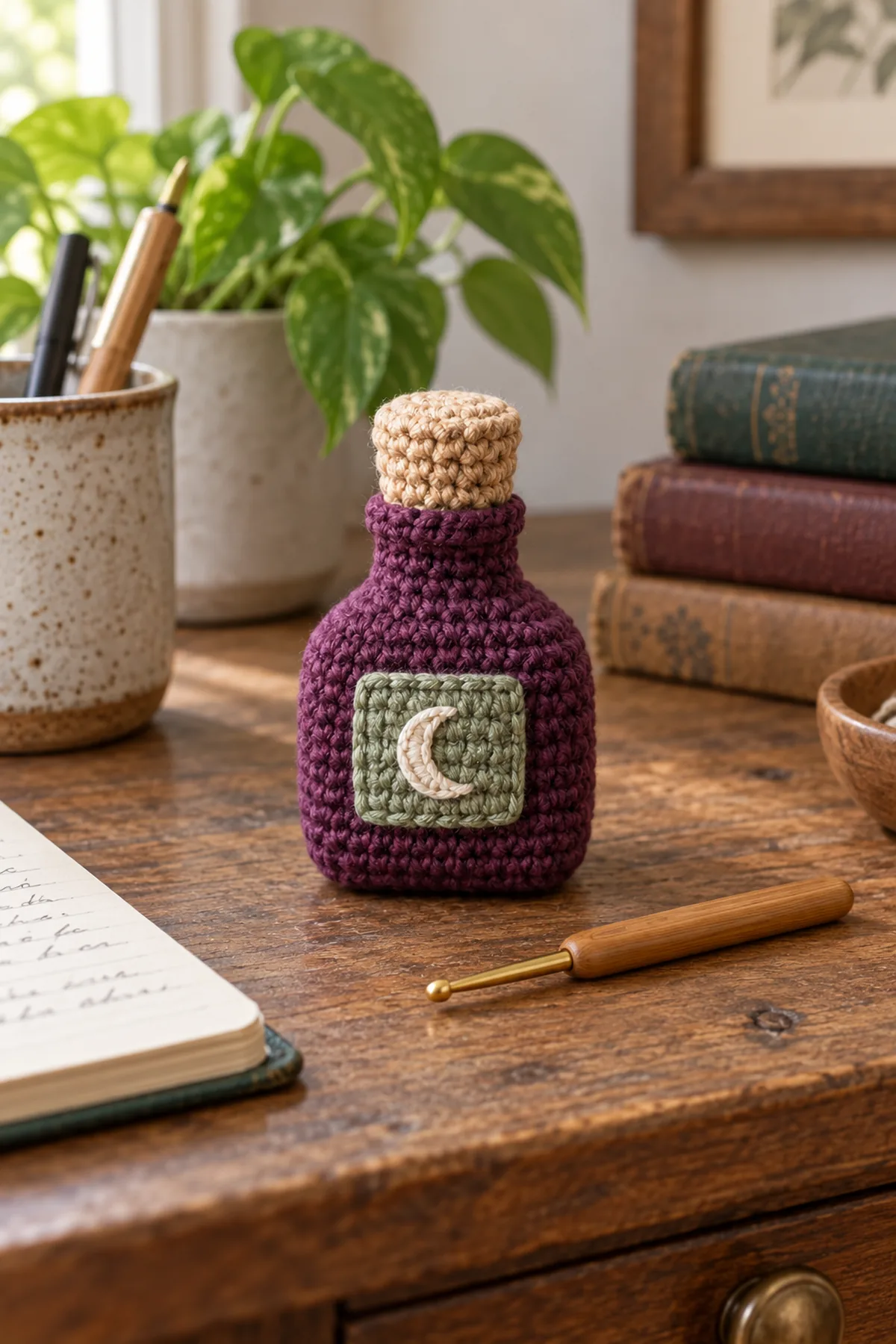 One finished small plum crochet potion bottle with tapered shoulders, permanently sewn tan cork-shaped cap and sage rectangular cream-moon label standing on an adult writing desk beside a crochet hook for scale, rounded-square base stable, no liquids or candles