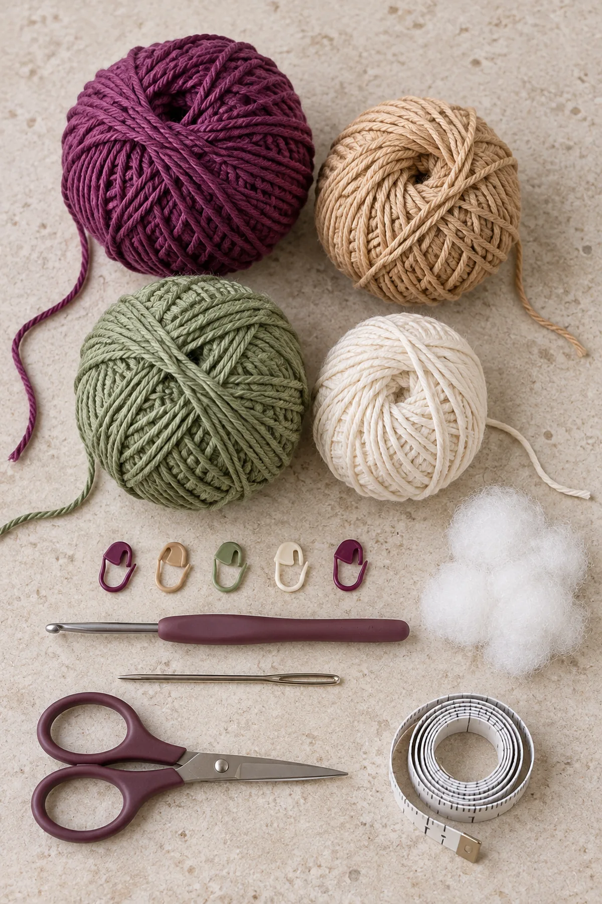 Only plum, tan, sage and cream DK cotton yarn, 3 mm hook, five markers, yarn needle, scissors, tape measure and small clean tufts of fiberfill on pale stone tabletop; no finished bottle, no real cork or glass