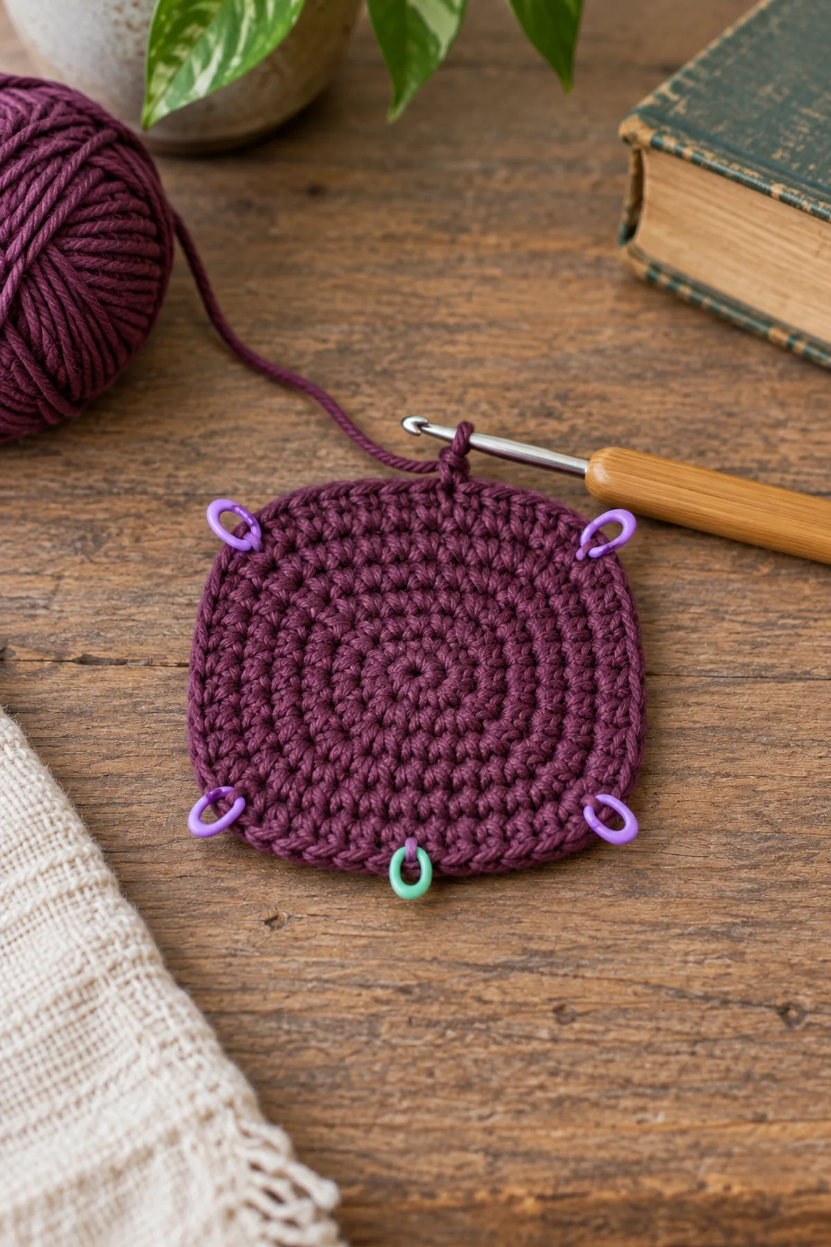 Flat plum crochet rounded-square base after five increase rounds, four rounded corners indicated by four markers plus a contrasting start marker, yarn attached to hook, no side walls or stuffing yet
