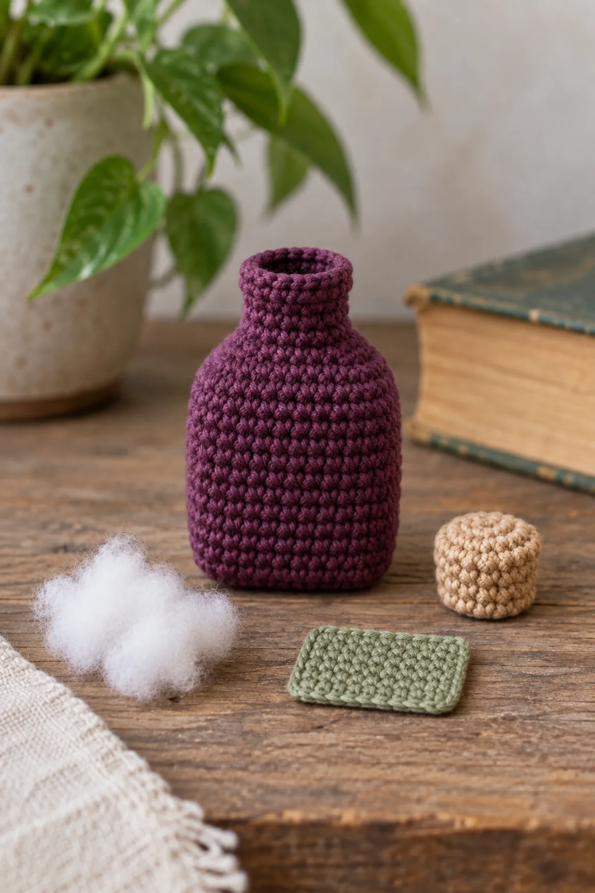 Unfinished hollow plum crochet bottle with rounded-square base, tapered shoulders and short open neck, no cap or label attached yet, separate small tan crochet cap and unembroidered sage rectangular patch beside it, small fiberfill tuft ready to insert through neck