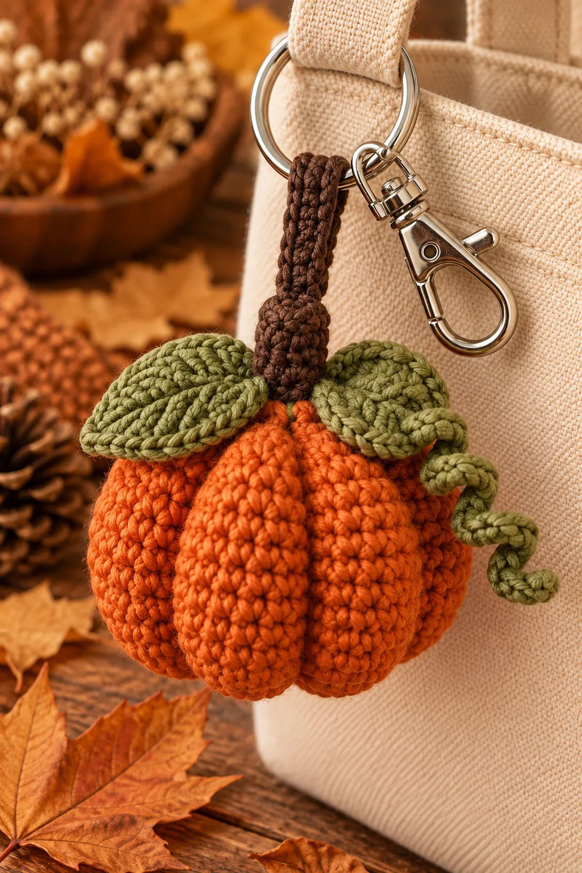 Close-up of the stitch texture and securely finished details on crochet pumpkin keychain pattern | easy fall bag charm tutorial