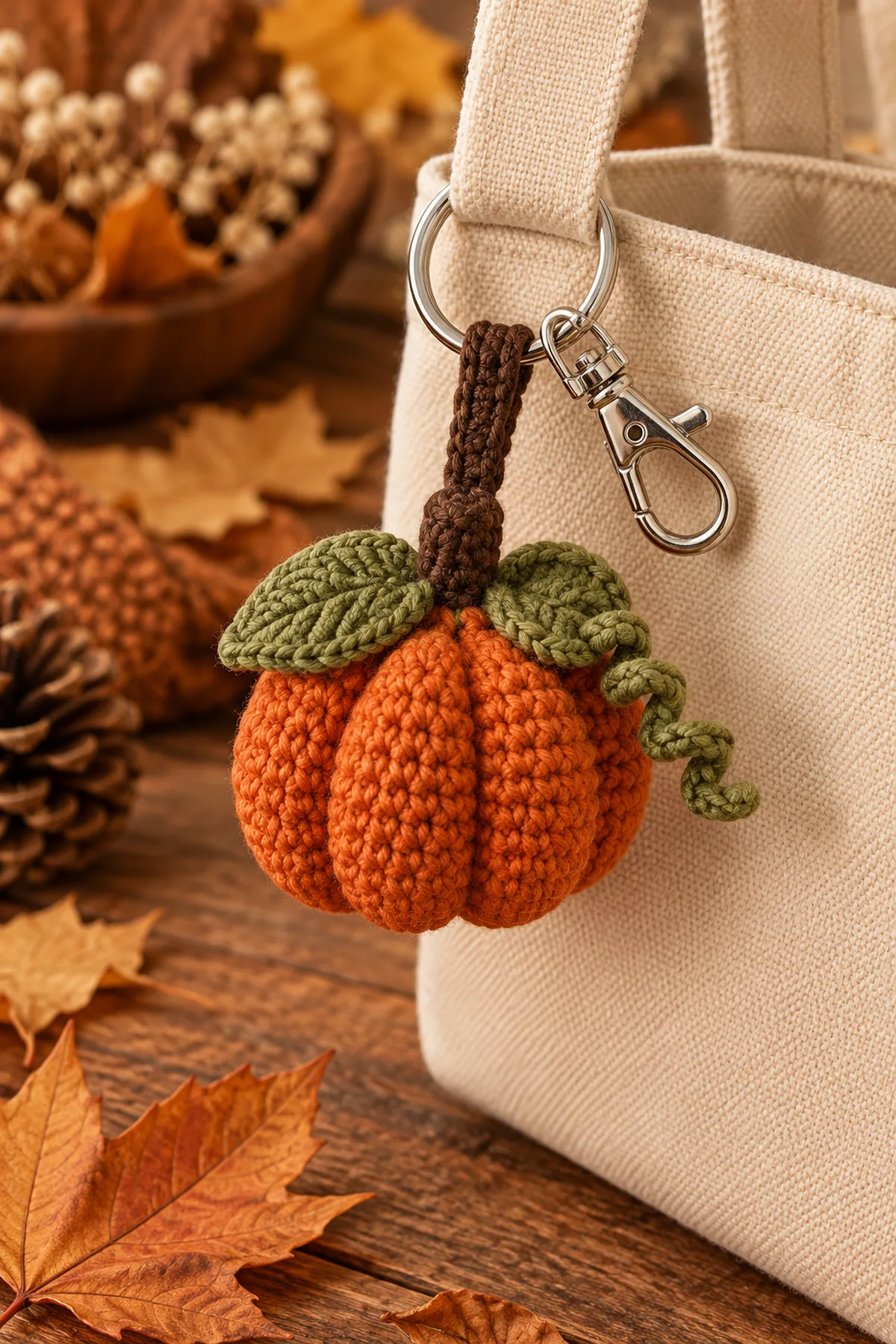 Finished crochet pumpkin keychain pattern | easy fall bag charm tutorial in soft cream and sage yarn on a neutral nursery surface