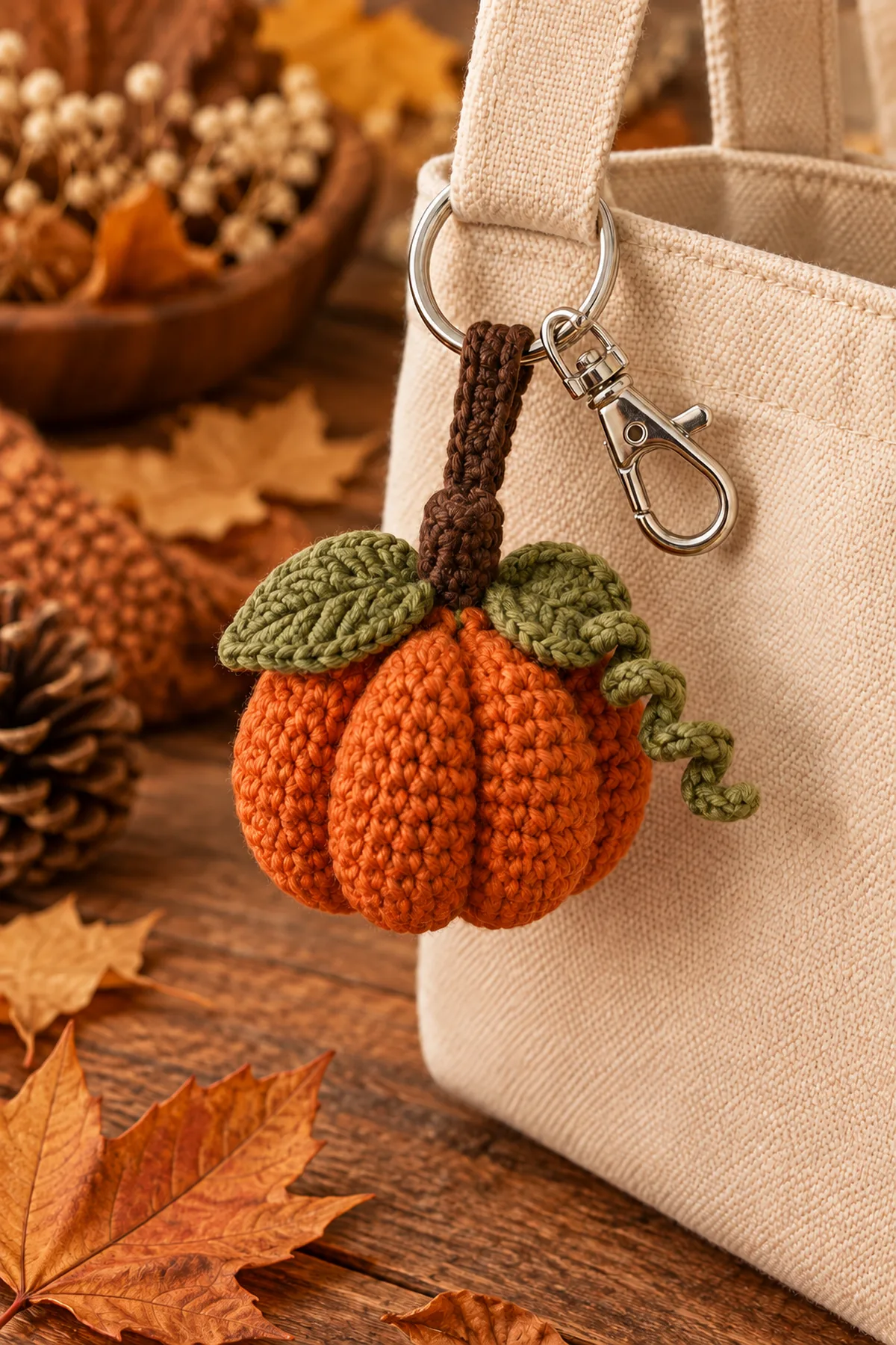Finished crochet pumpkin keychain pattern | easy fall bag charm tutorial styled in a calm bright nursery setting without a baby present