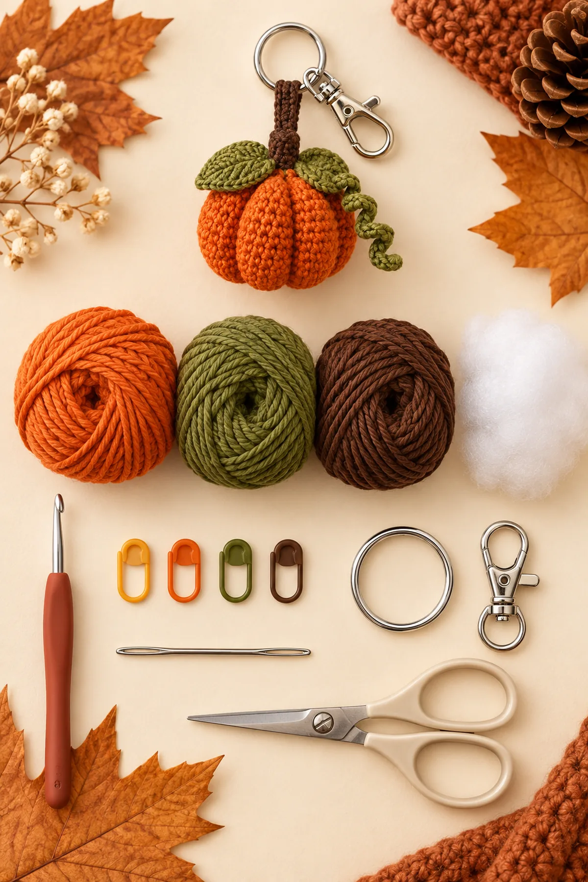 Baby-friendly yarn, crochet hook, stitch markers, tape measure, yarn needle, and scissors for crochet pumpkin keychain pattern | easy fall bag charm tutorial