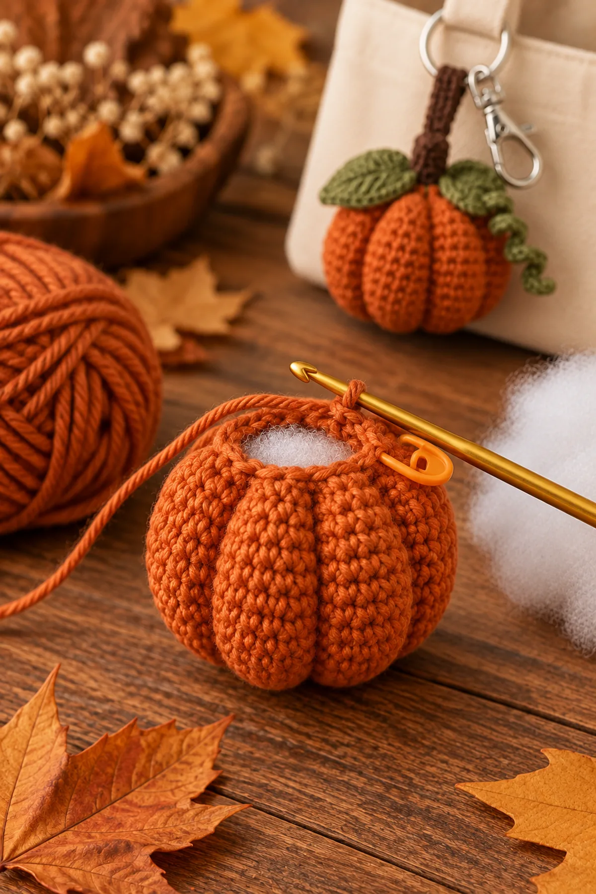 Early counted crochet stage of crochet pumpkin keychain pattern | easy fall bag charm tutorial with matching yarn and hook