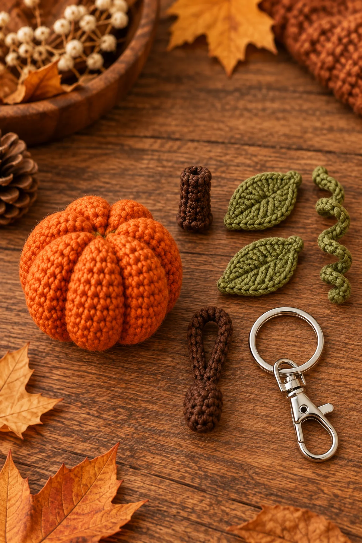 Mid-process construction of crochet pumpkin keychain pattern | easy fall bag charm tutorial showing the established shape