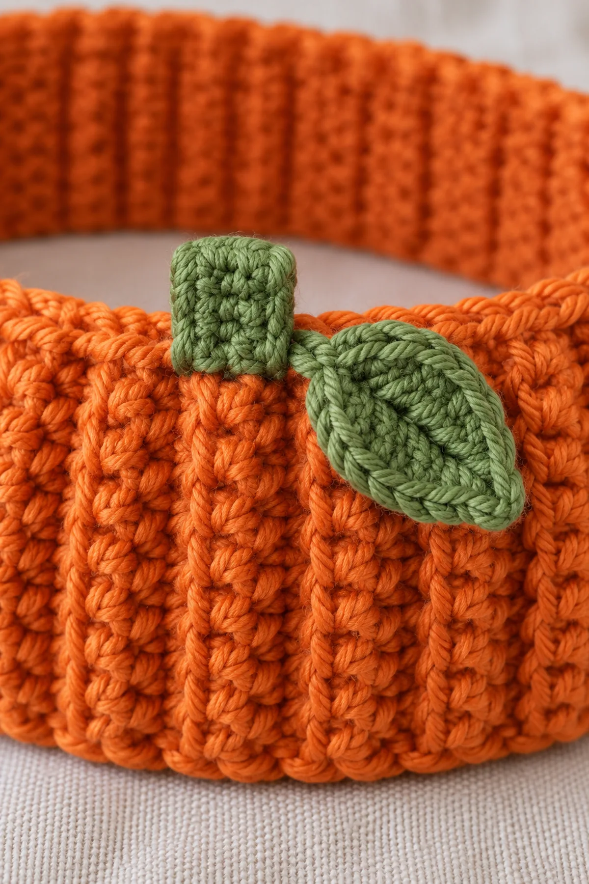 Close macro of one tiny flat green rectangular crochet stem tab and one small flat green leaf securely sewn at front upper edge of orange ribbed ear-warmer, visible sewing join, no tubular stem, no face