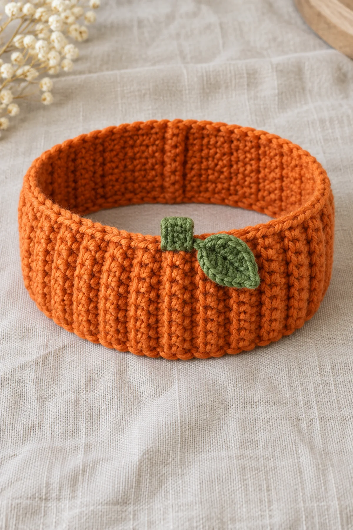 One adult orange single-crochet ribbed ear-warmer band arranged in an open oval on oatmeal linen, approximately 3.2 inches tall and 20 inches circumference, straight untwisted back seam, tiny FLAT green rectangular stem tab and one small green leaf sewn at front upper edge. Open crown, no hat top, no face, no stuffed pumpkin