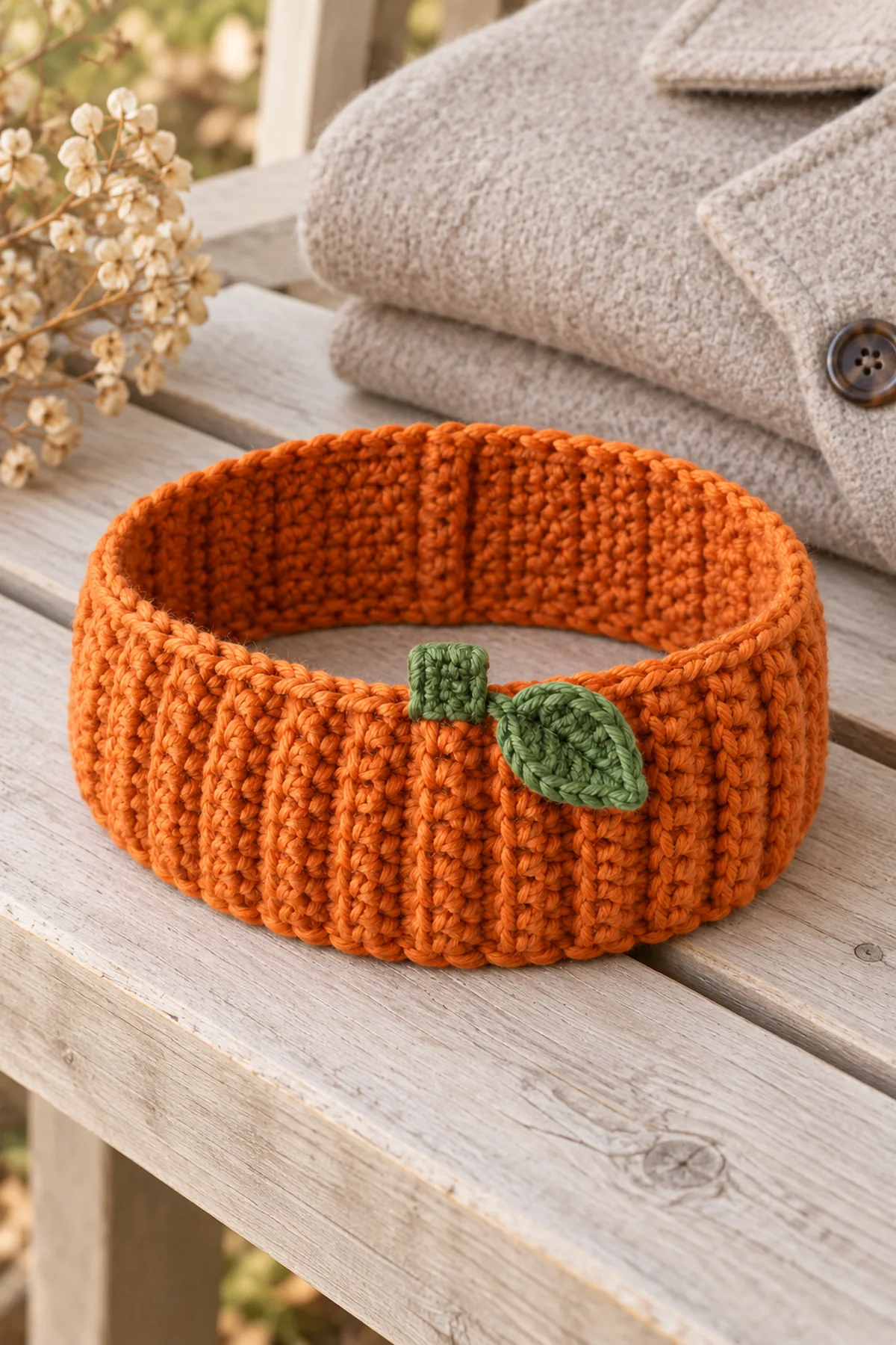 Same orange ribbed adult ear warmer with flat green stem tab and small leaf, resting as an open oval beside a folded neutral adult coat on a pale wooden bench, entire band visible, no person, no pumpkin hat