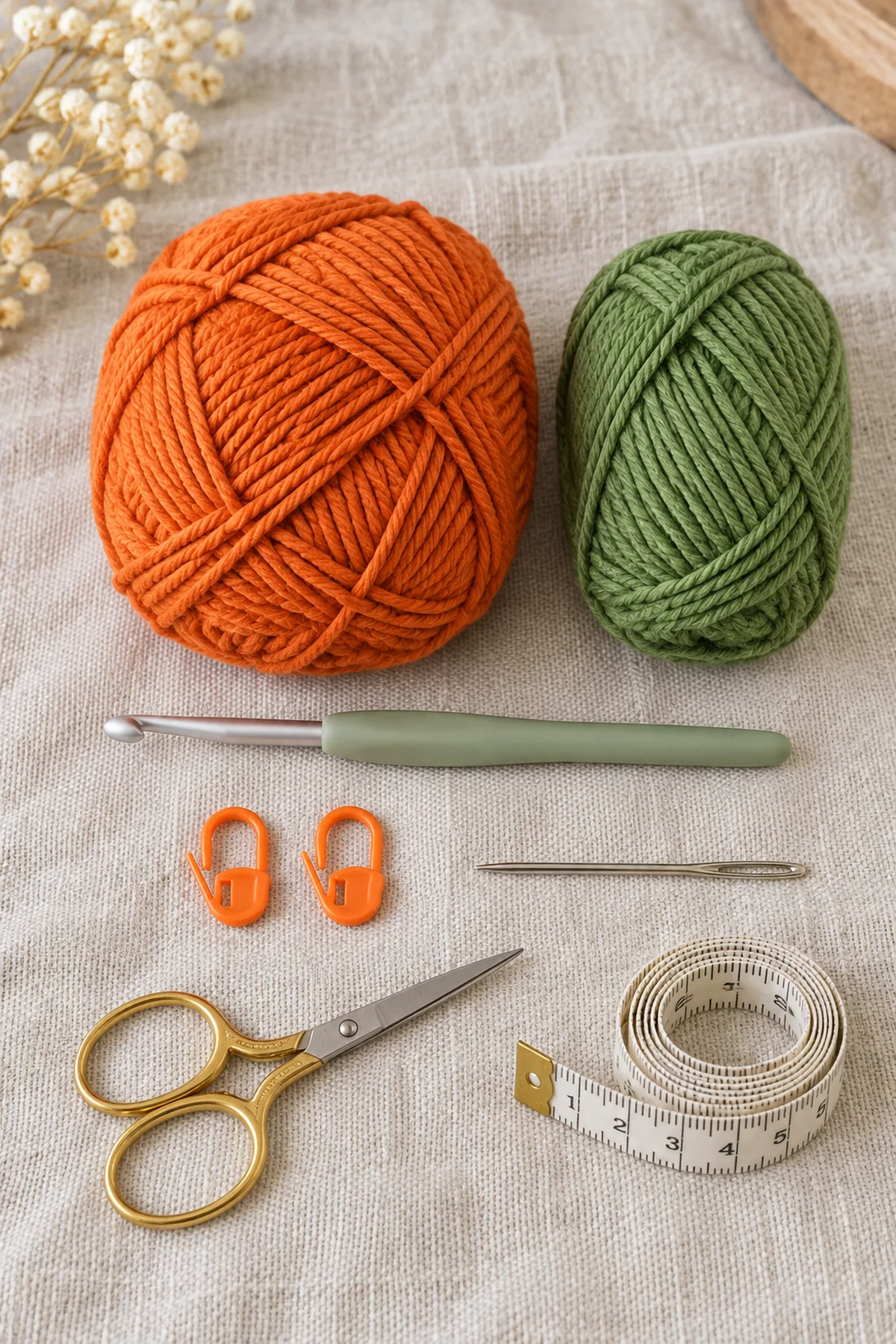 Orange and green DK yarn, one 4 mm crochet hook, two locking markers, yarn needle, scissors and measuring tape on oatmeal linen. Supplies only, no completed headband