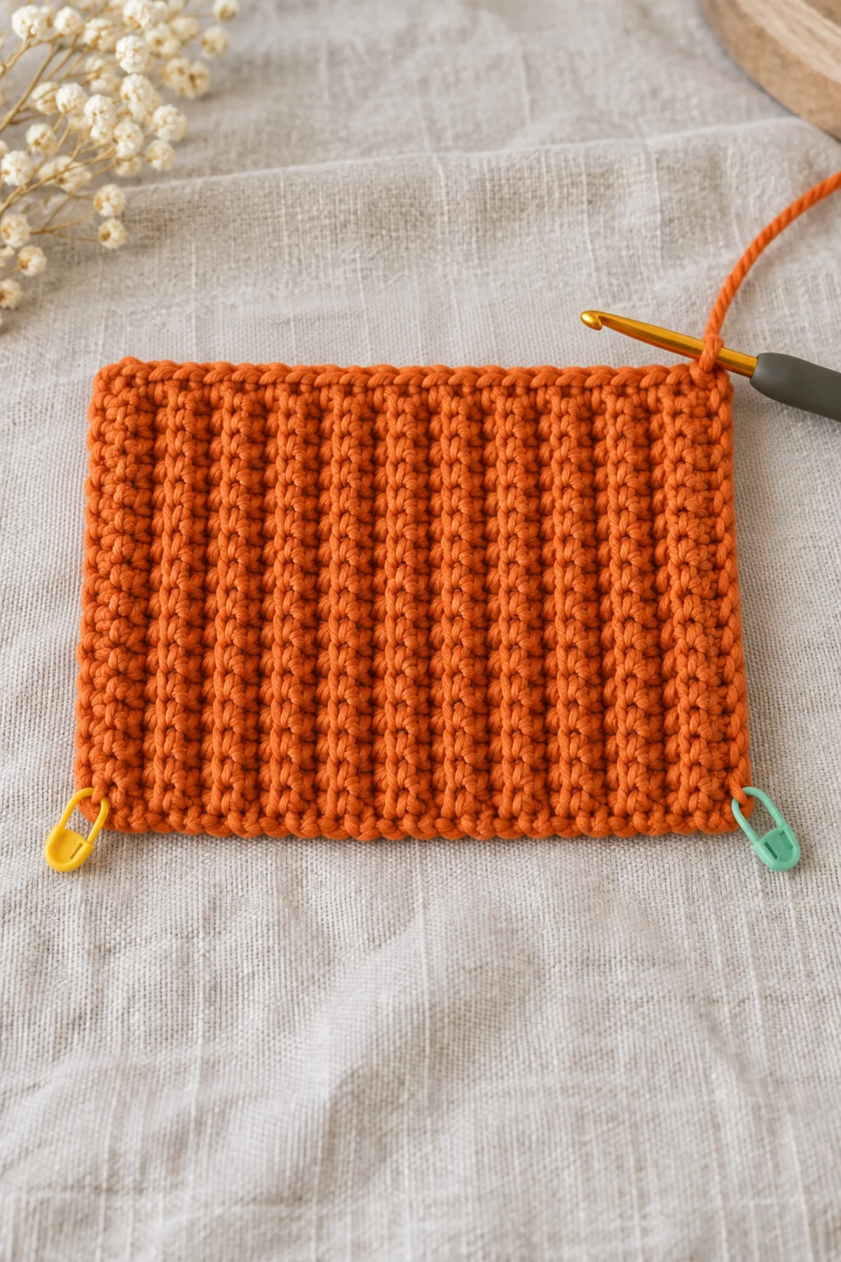 Unfinished short orange rectangular sc-BLO ribbed strip sixteen stitches across and about twenty-four rows long, hook and working yarn at one short edge, two end markers, still completely flat, no seam, no green details
