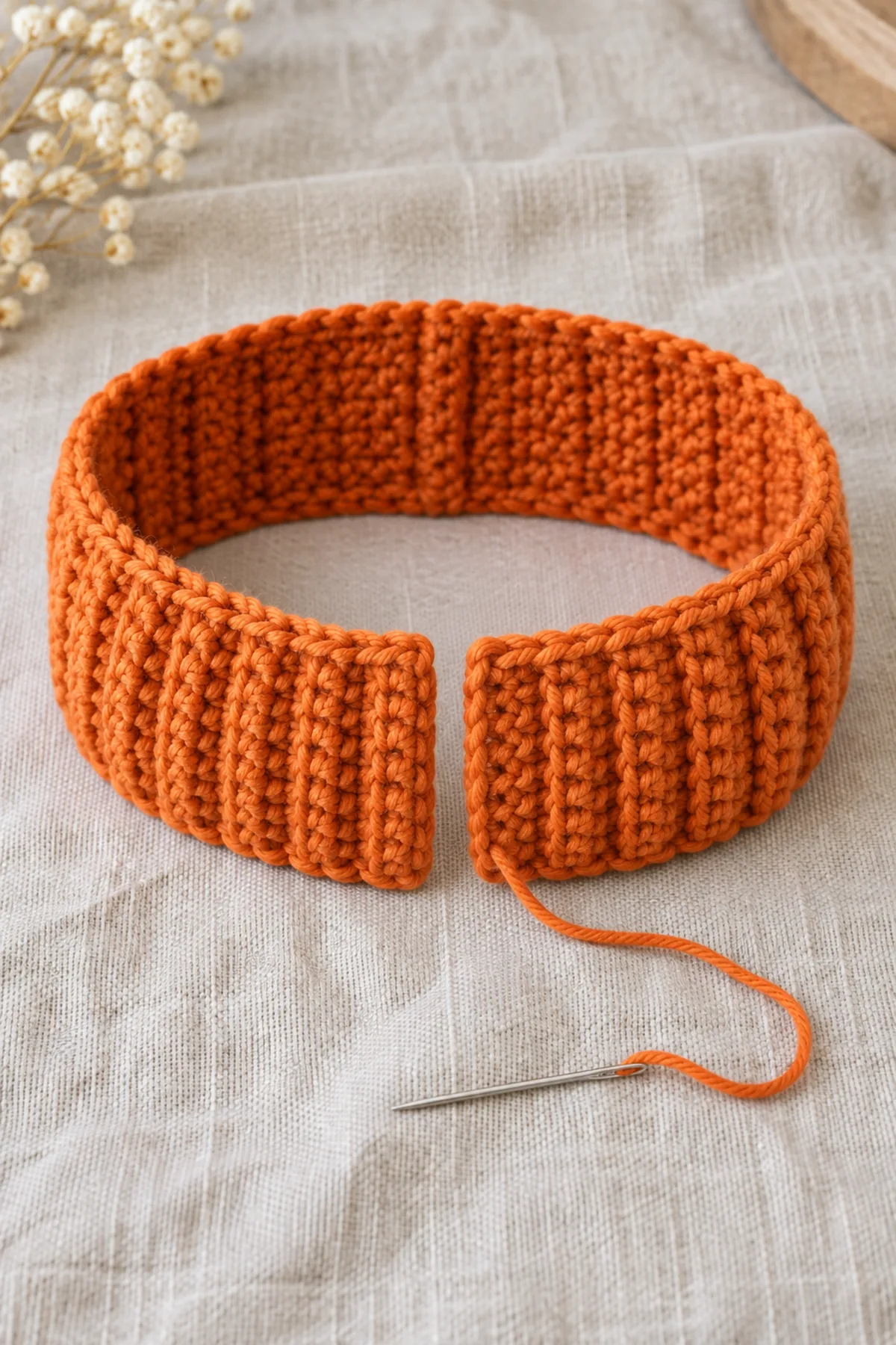 Long narrow orange ribbed strip loosely curled into a U on oatmeal linen, two sixteen-stitch short ends next to each other but visibly separate with an orange sewing tail and needle. No seam yet, no twist, no green stem or leaf