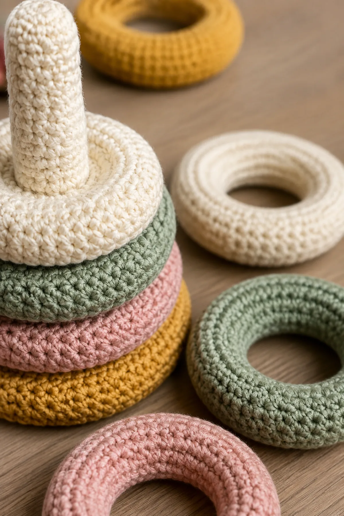 Close-up of the stitch texture and securely finished details on crochet rainbow ring stacker baby toy