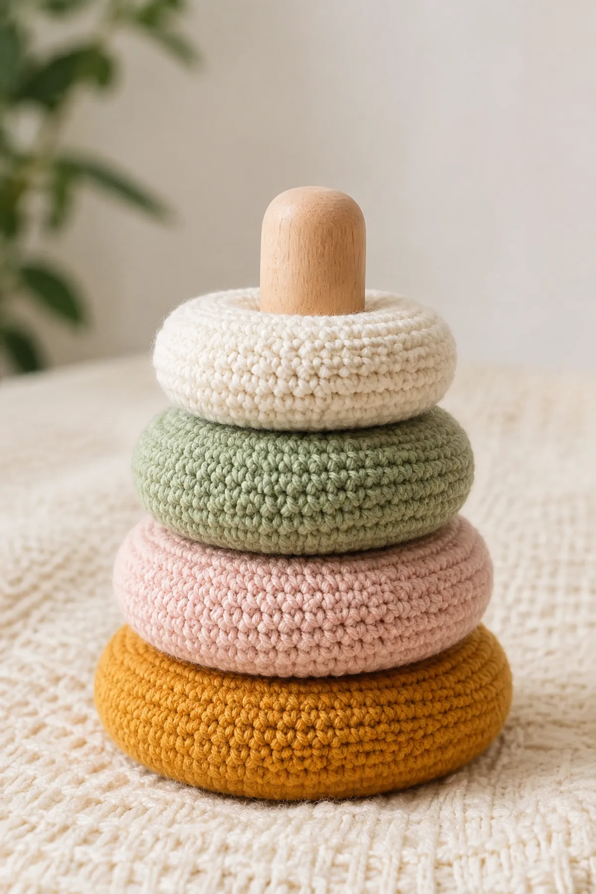 Finished crochet rainbow ring stacker baby toy in soft cream and sage yarn on a neutral nursery surface