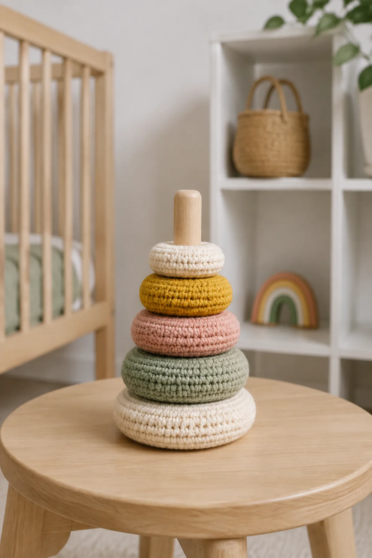 Finished crochet rainbow ring stacker baby toy styled in a calm bright nursery setting without a baby present