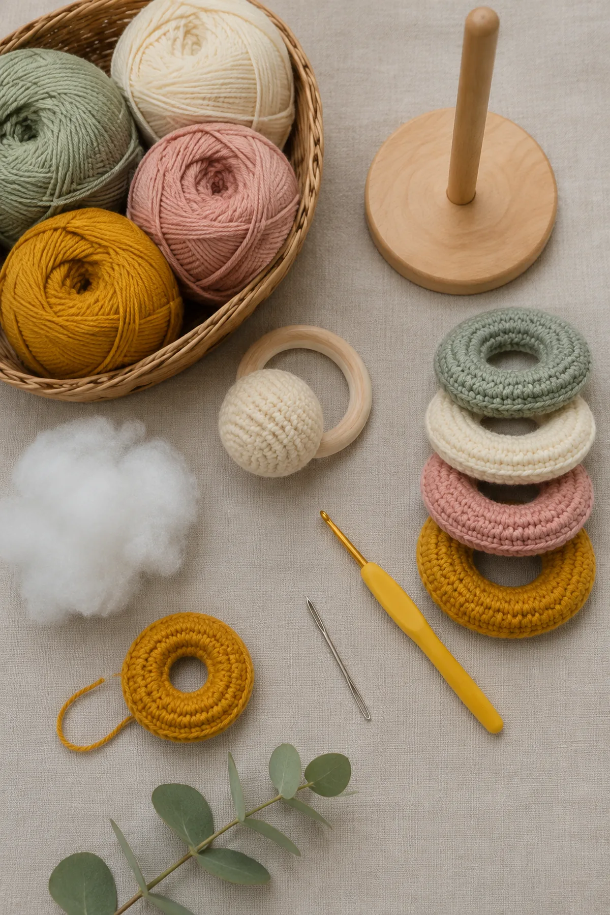 Baby-friendly yarn, crochet hook, stitch markers, tape measure, yarn needle, and scissors for crochet rainbow ring stacker baby toy