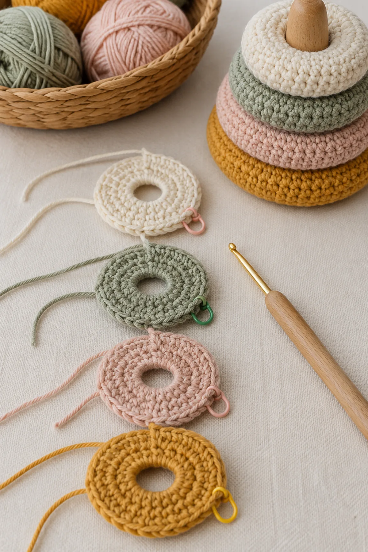 Early counted crochet stage of crochet rainbow ring stacker baby toy with matching yarn and hook