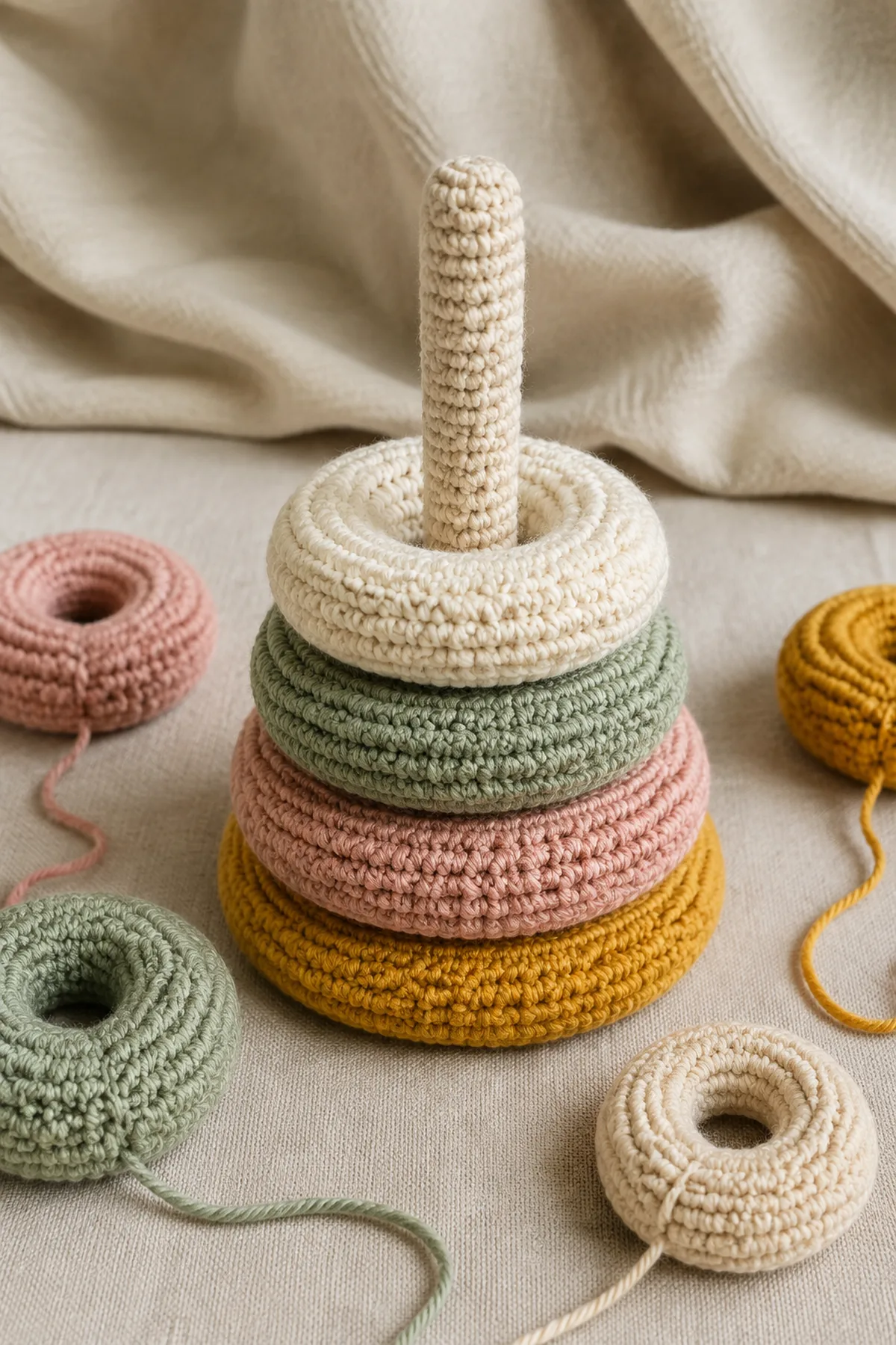 Mid-process construction of crochet rainbow ring stacker baby toy showing the established shape