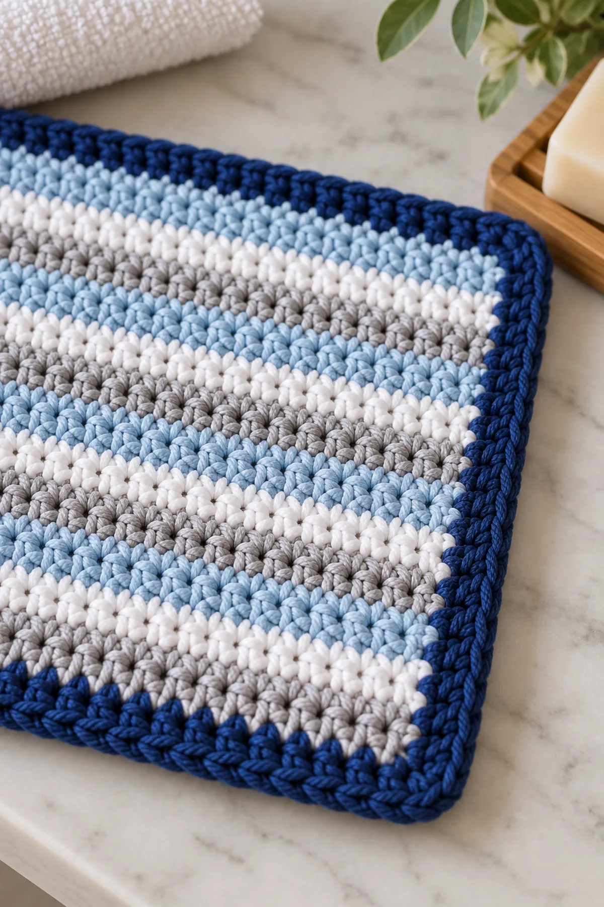 Close view of crisp stripe changes, dense cotton single crochet, woven tails, and dark-blue corner