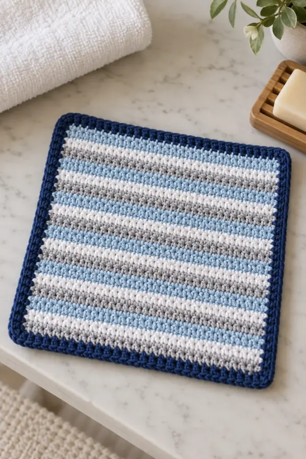 Finished square cotton baby bath cloth with rainwater-blue cloud-gray and white stripes and dark-blue border