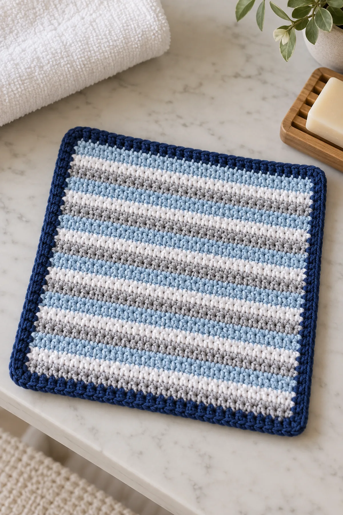 Finished square cotton baby bath cloth with rainwater-blue cloud-gray and white stripes and dark-blue border