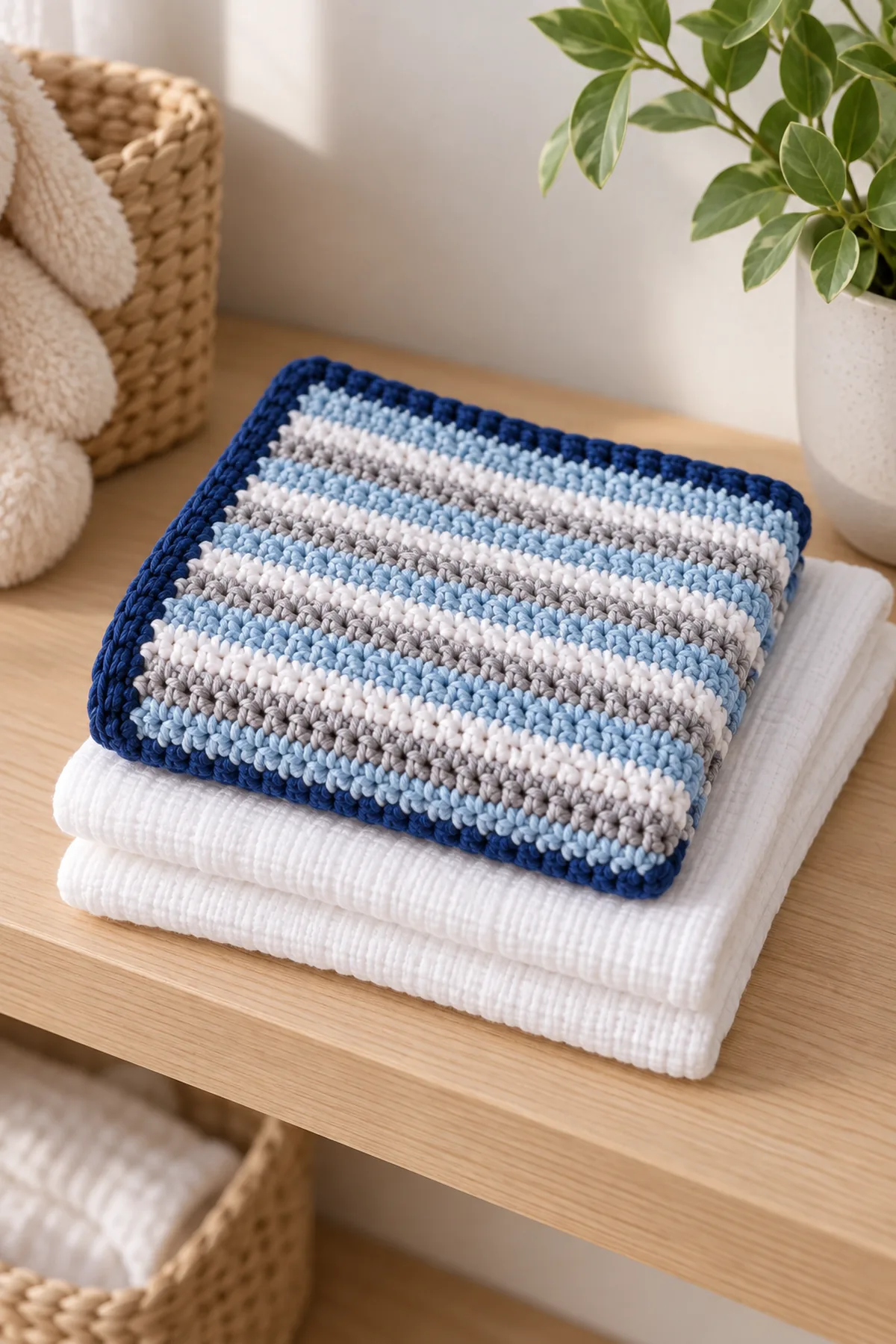 Finished rainwater stripe baby bath cloth folded with plain white muslin cloths on a clean nursery shelf