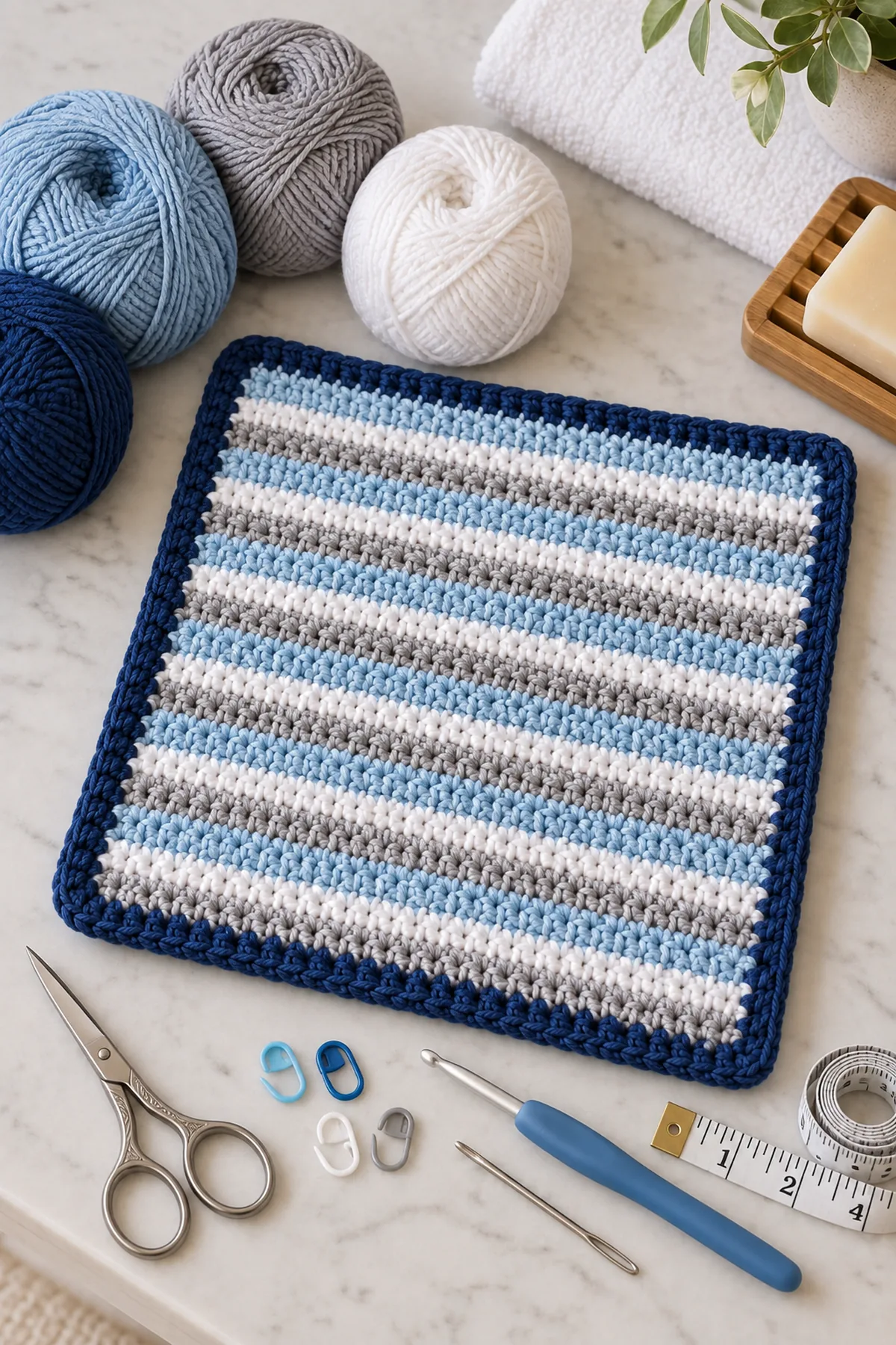 Rainwater-blue cloud-gray white and dark-blue cotton DK yarn, 4 mm hook, markers, tape measure, needle, and scissors