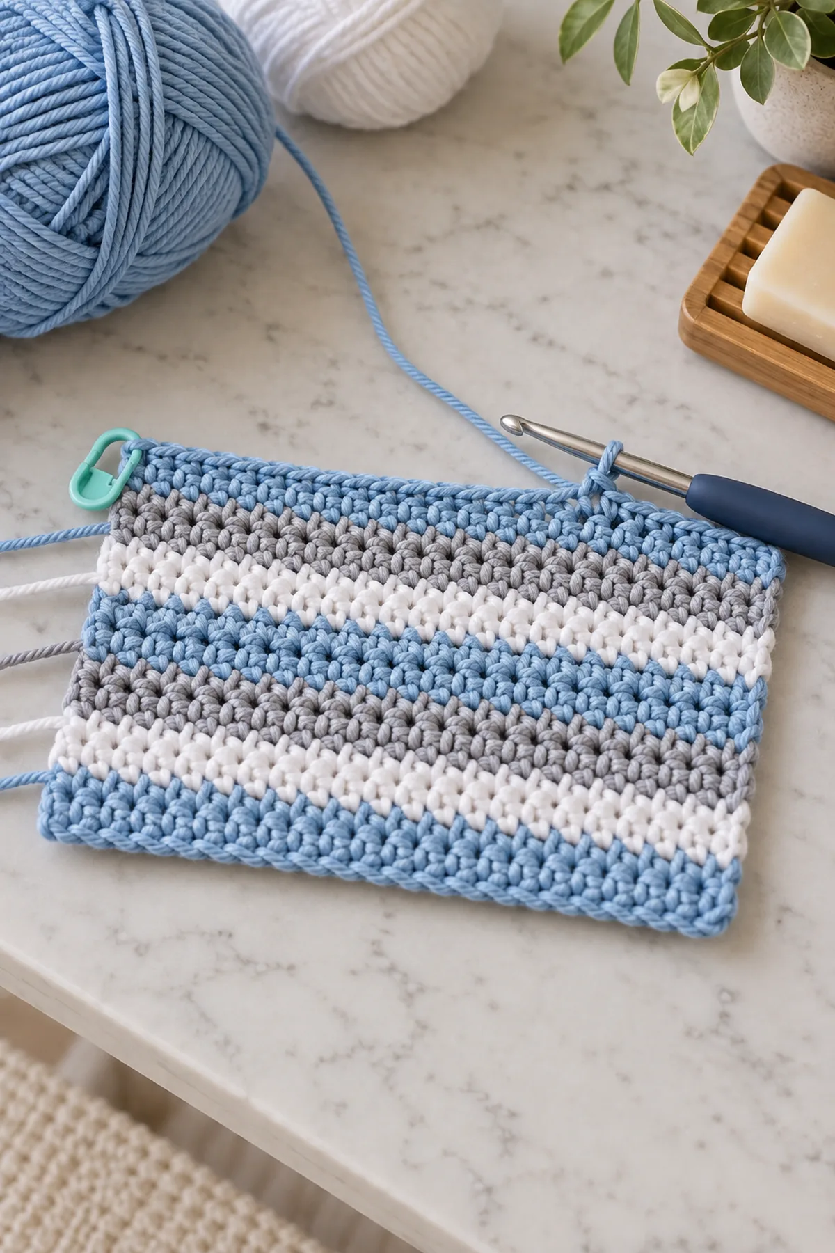 Early 30-stitch cotton bath cloth showing the first blue gray and white stripe bands