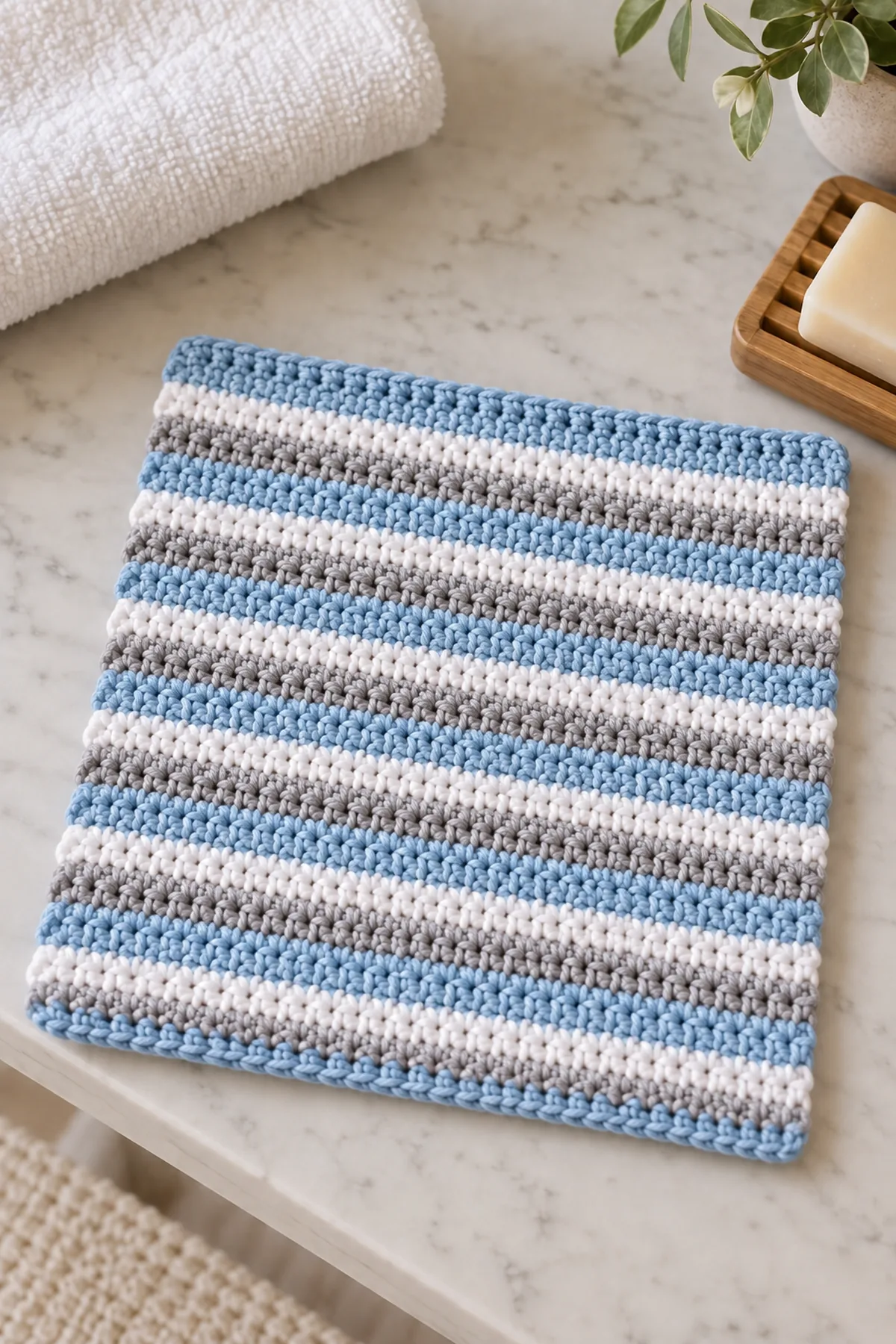 Completed rainwater-striped cotton bath cloth square before the dark-blue border
