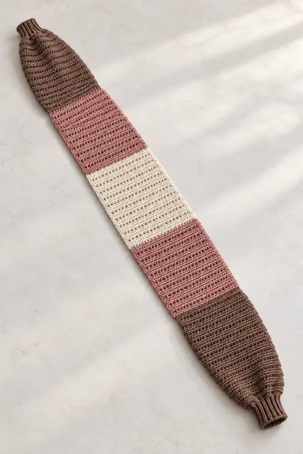 Cocoa, rose and cream ribbed crochet sleeve scarf laid flat with a cuff at each end and an open center.