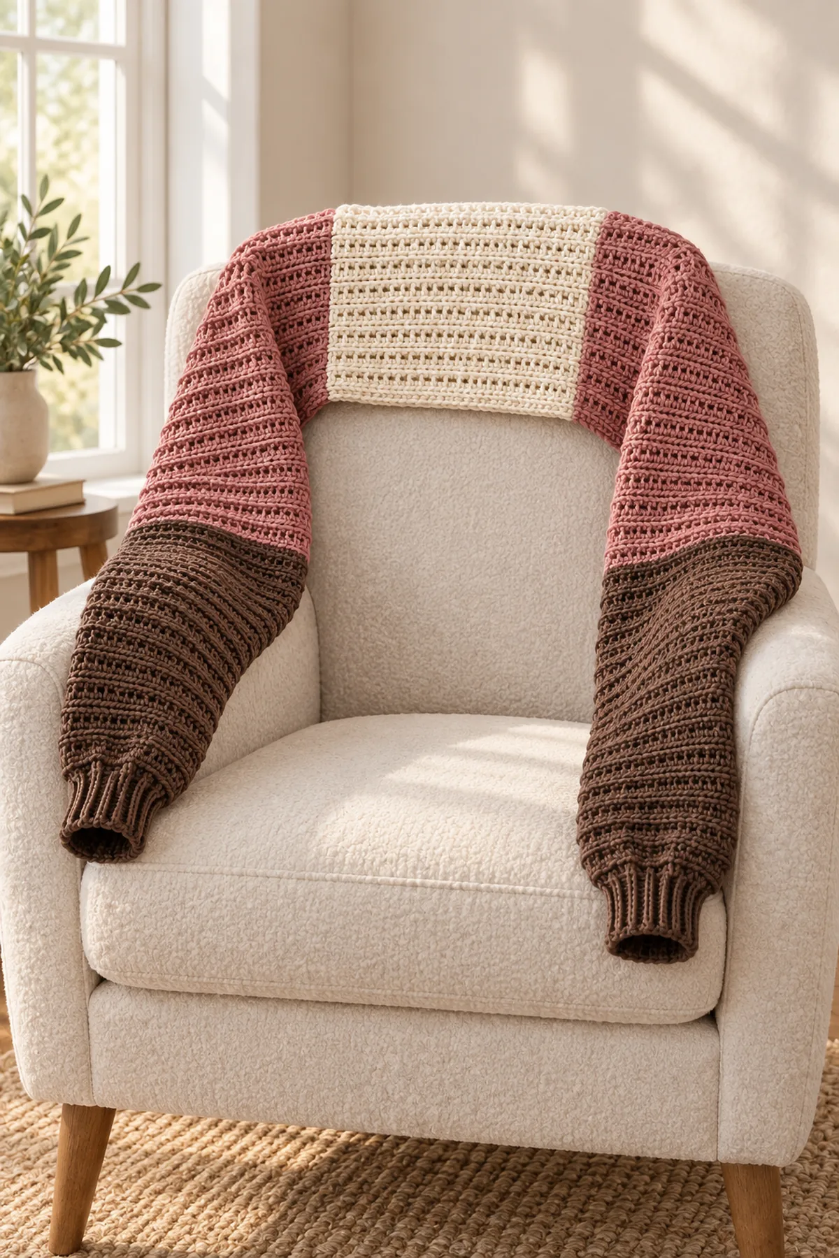 Finished colorblock crochet sleeve scarf draped over a chair with both cocoa cuffs visible.