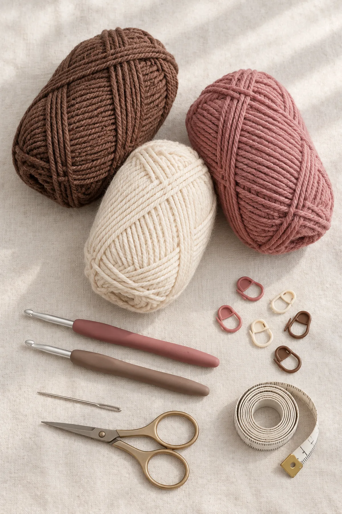 Only cocoa brown, dusty rose and cream worsted yarn, 5 mm and 4.5 mm crochet hooks, removable stitch markers, needle, scissors and tape measure on pale linen, no finished garment