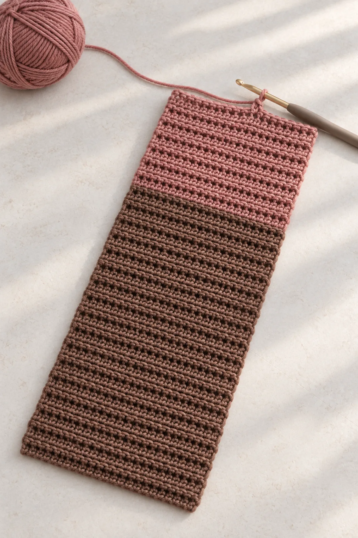 Unfinished flat wide hdc-BLO rectangular strip with first cocoa block and beginning dusty rose block, soft horizontal ridges, working hook at short edge, no sleeves seams or cuffs yet