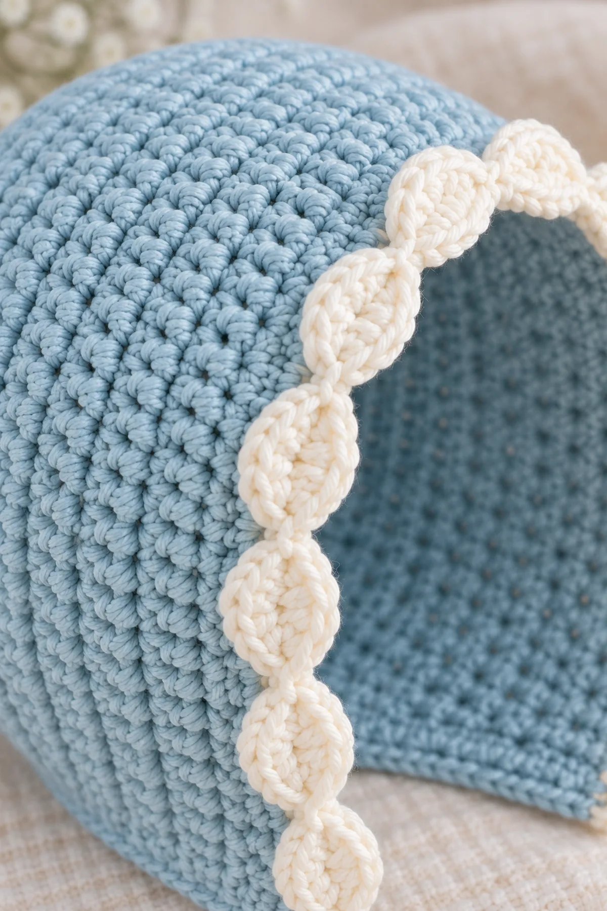 Close view of robin-egg crown stitches and ivory five-double-crochet scalloped face edge