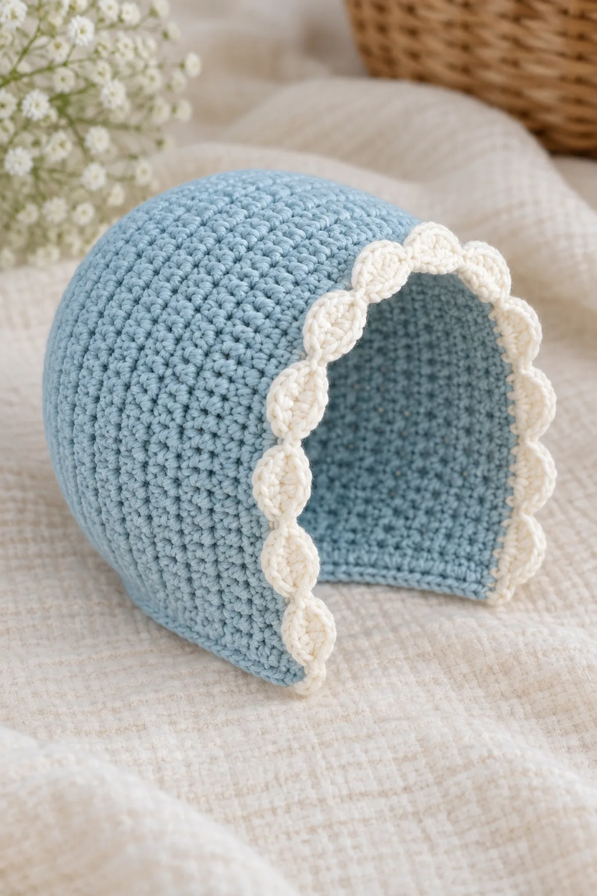 Finished tie-free robin-egg-blue crochet baby bonnet with open face and ten soft ivory shell scallops